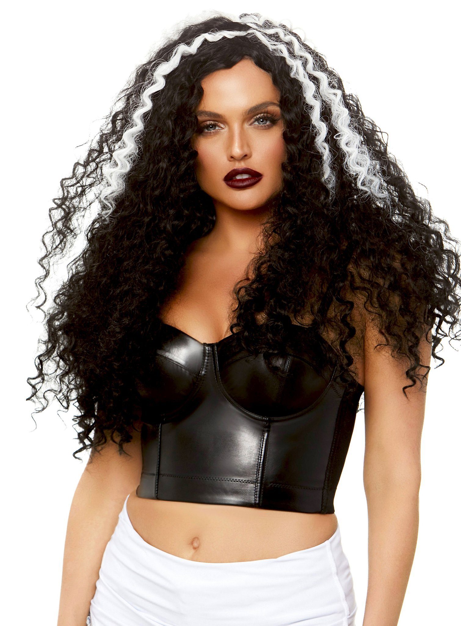 Leg Avenue Kostüm-Perücke Lange Curly Locken schwarz-weiß - für Fasching, Voluminöse Langhaarperücke für zwielichtige Charaktere
