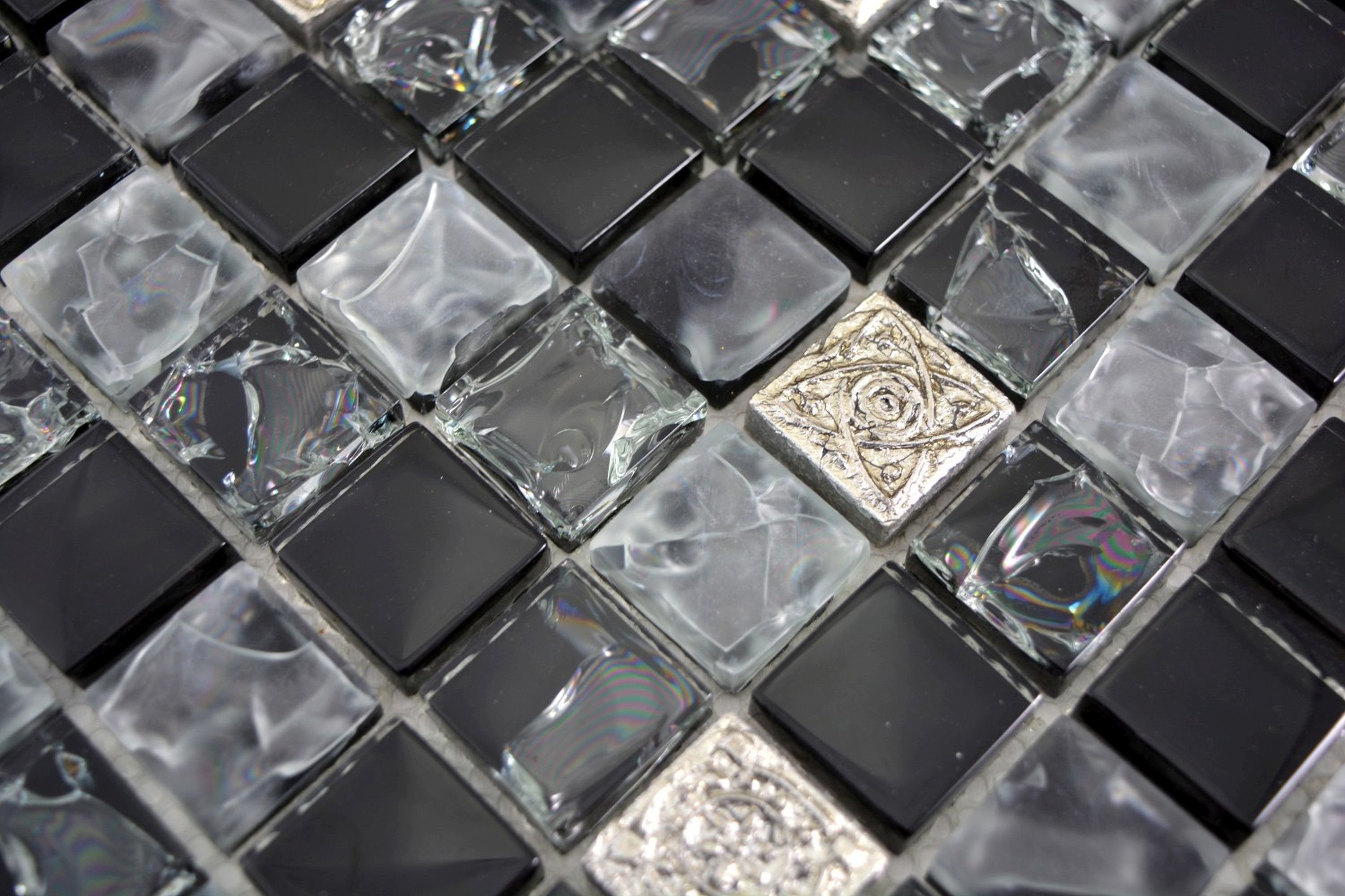 Mosani Mosaikfliesen Glasmosaik Mosaikfliesen grau gefrostet schwarz silber Resin