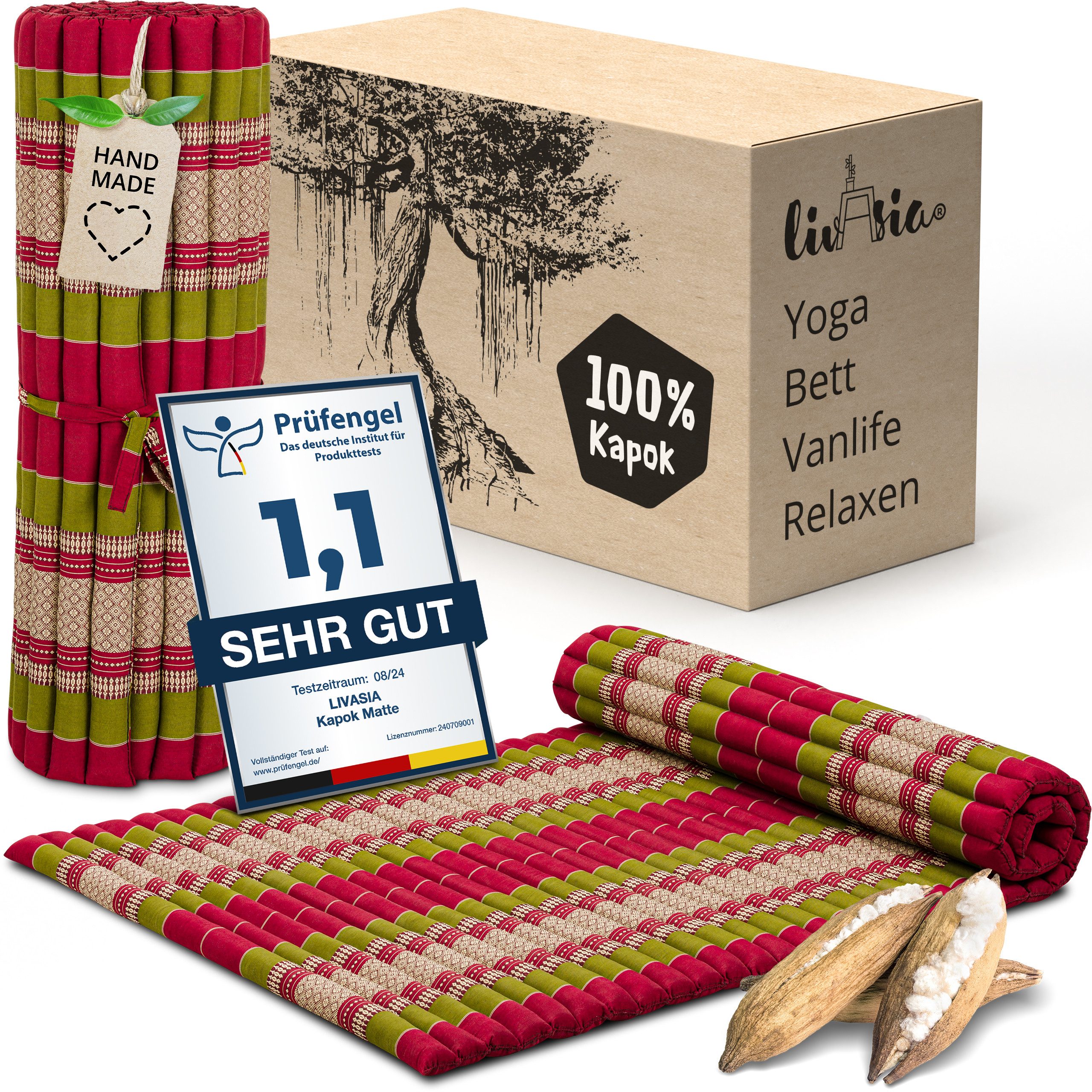 Naturmatratze Rollmatte 110 cm - 200x110x4,5cm, livasia, 4,5 cm hoch, Kapok, vegan, handgefertigt