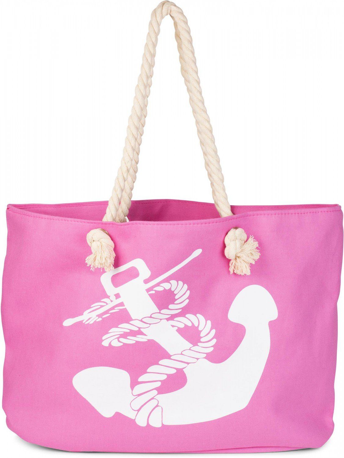 styleBREAKER Strandtasche (1-tlg), Flechtoptik Strandtasche mit Anker Print Pink-Weiß