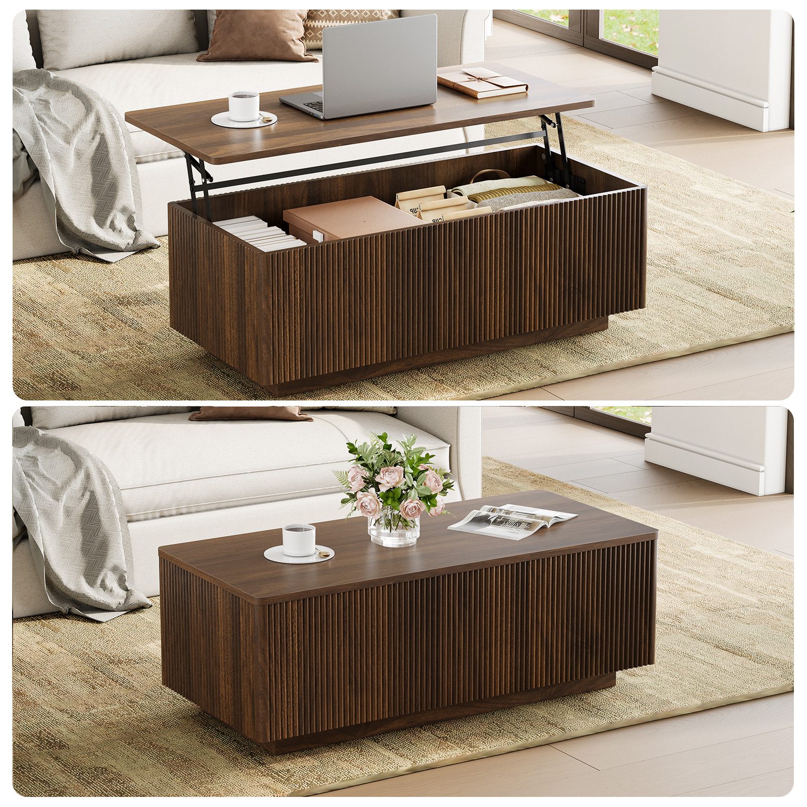 FABATO Couchtisch Lift-Couchtisch 106 cm mit großem verstecktem Stauraum (1-St., aufklappbar, Holz-Optik, Mid-Century-Modern-Stil, für Ihr Sofa), rechteckiges Fluted-Design mit abgerundeten Ecken
