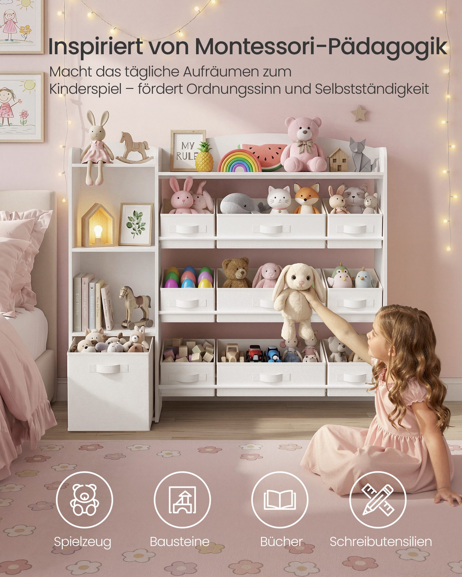 SONGMICS Spielzeugtruhe Kinderregal, Bücherregal, Spiegelregal, 2/4 offene Fächer, 9 mittlere flexible und 1 seitliche Boxen,113,1x30x104cm