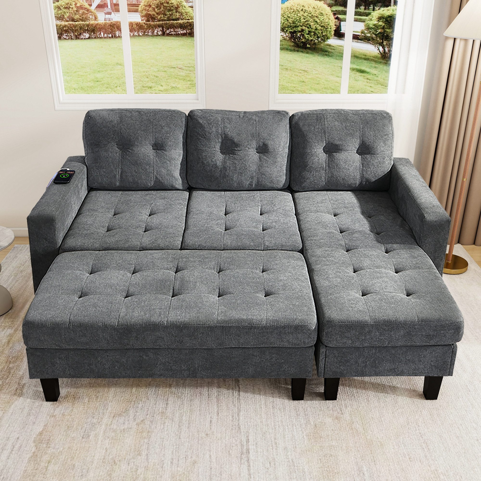 Odikalo Ecksofa Loungesofa 3-Sitzer Schlafsofa mit Schlaffunktion & LED, Multifunktionale L-Form Wohnzimmer-Sofagruppe Mit extra großer beweglicher Fußbank+Ambiente-BeleuchtungDreisitzer-L-Form-Sofa+Zweisitzer-Fußbank-Kombination Modernes modulares Sofabett