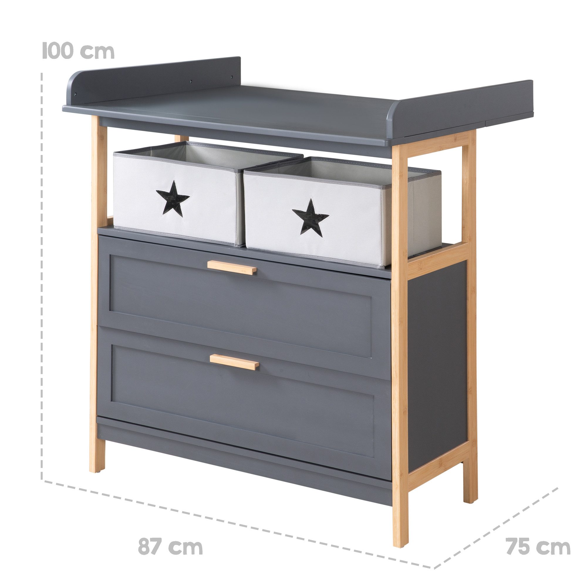 roba® wrap dresser Berlin - Frame + handles made of bamboo wood - Anthracite, removable wrap attachment - changing table with 2 drawers & fabric boxes