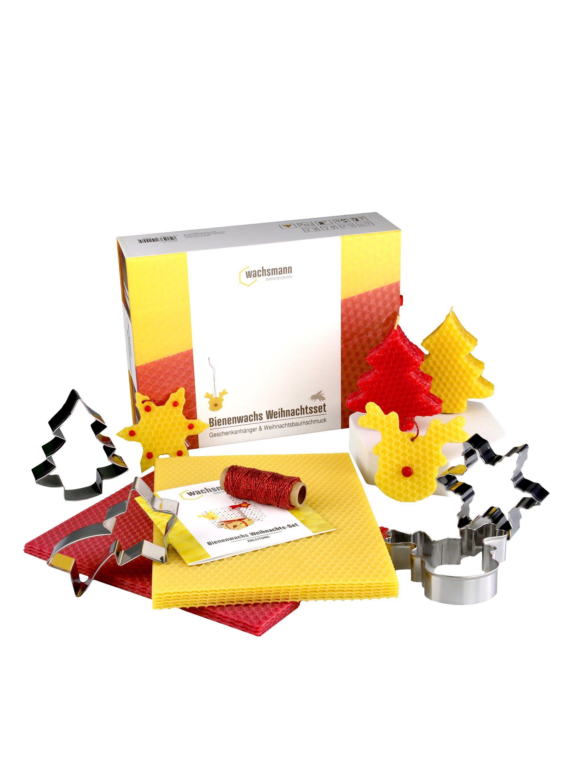 Wachsmann Bienenprodukte Bastelnaturmaterial Bastel-Set mit 100% Bienenwachs, Weihnachtsanhänger selber machen, (Deko für Geschenke & den Tannenbaum), Mit Ausstechformen, Dekoband & Dochten