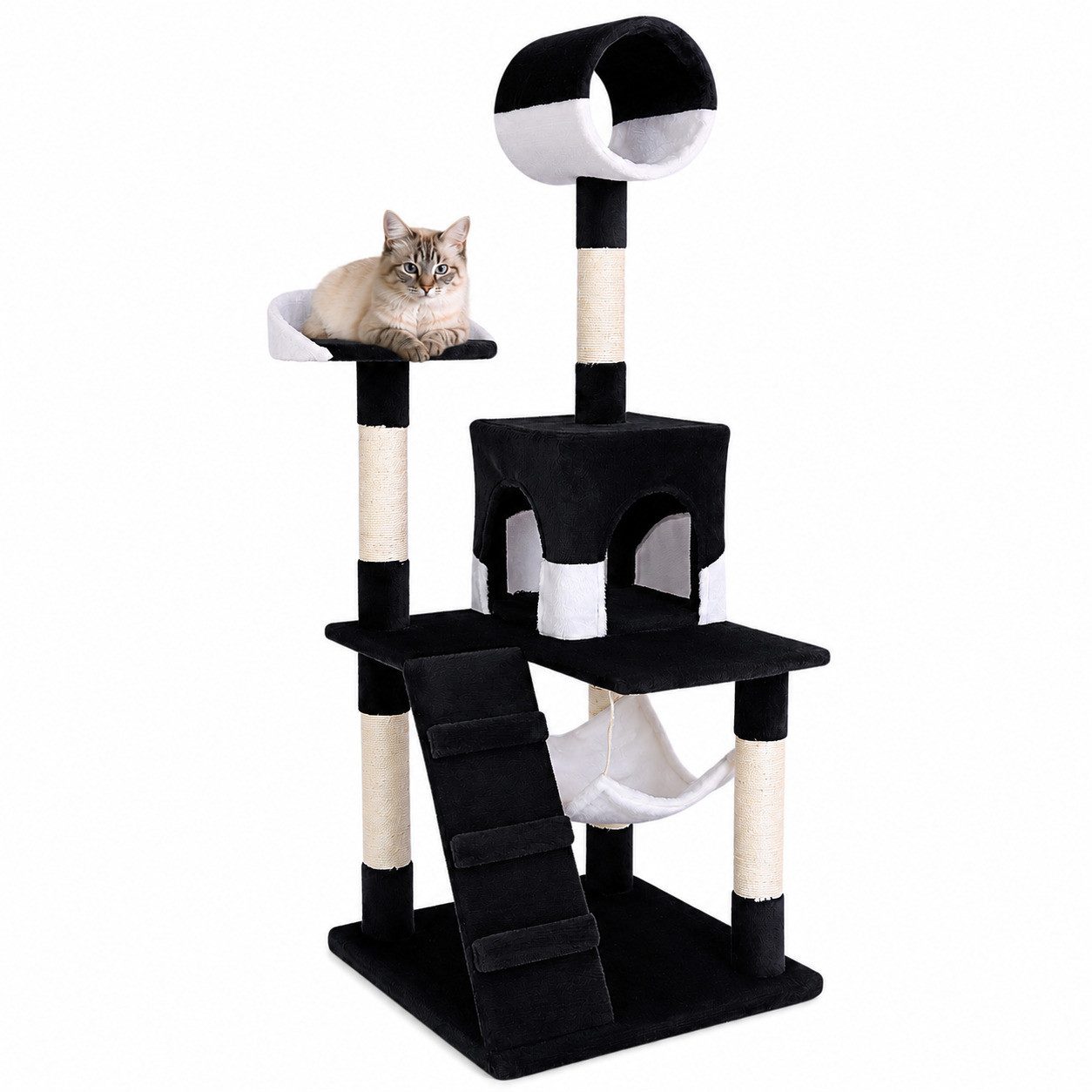 lionto Kratzbaum 133 cm mit Plüschbezug, robuste Sisalstämme, schwarz/weiß, stilvoller Katzenkratzbaum mit vielseitigen Liegeflächen