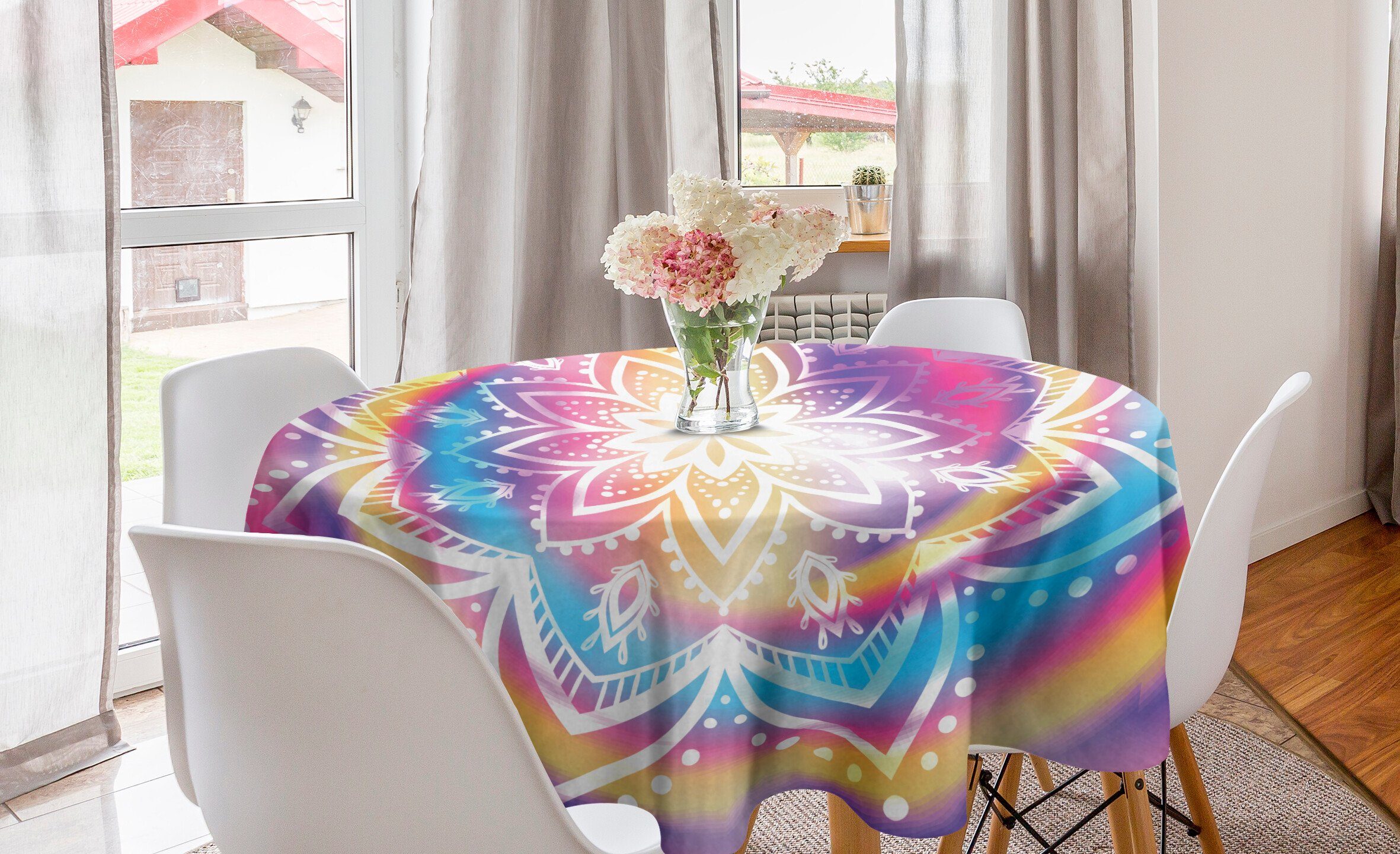 Abakuhaus Tischdecke Kreis Tischdecke Abdeckung für Esszimmer Küche Dekoration, Regenbogen-Mandala Spiral Stripes