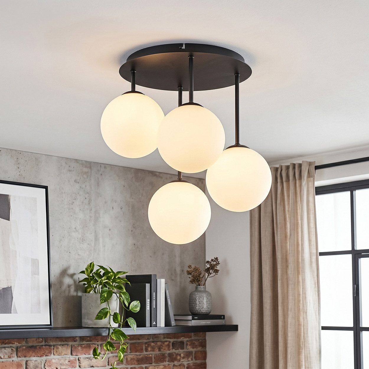 hofstein Deckenleuchte Deckenlampe aus Metall/Milchglas in Schwarz/Weiß, moderne Deckenleuchte im Retro/Vintage-Design, 4 x G9