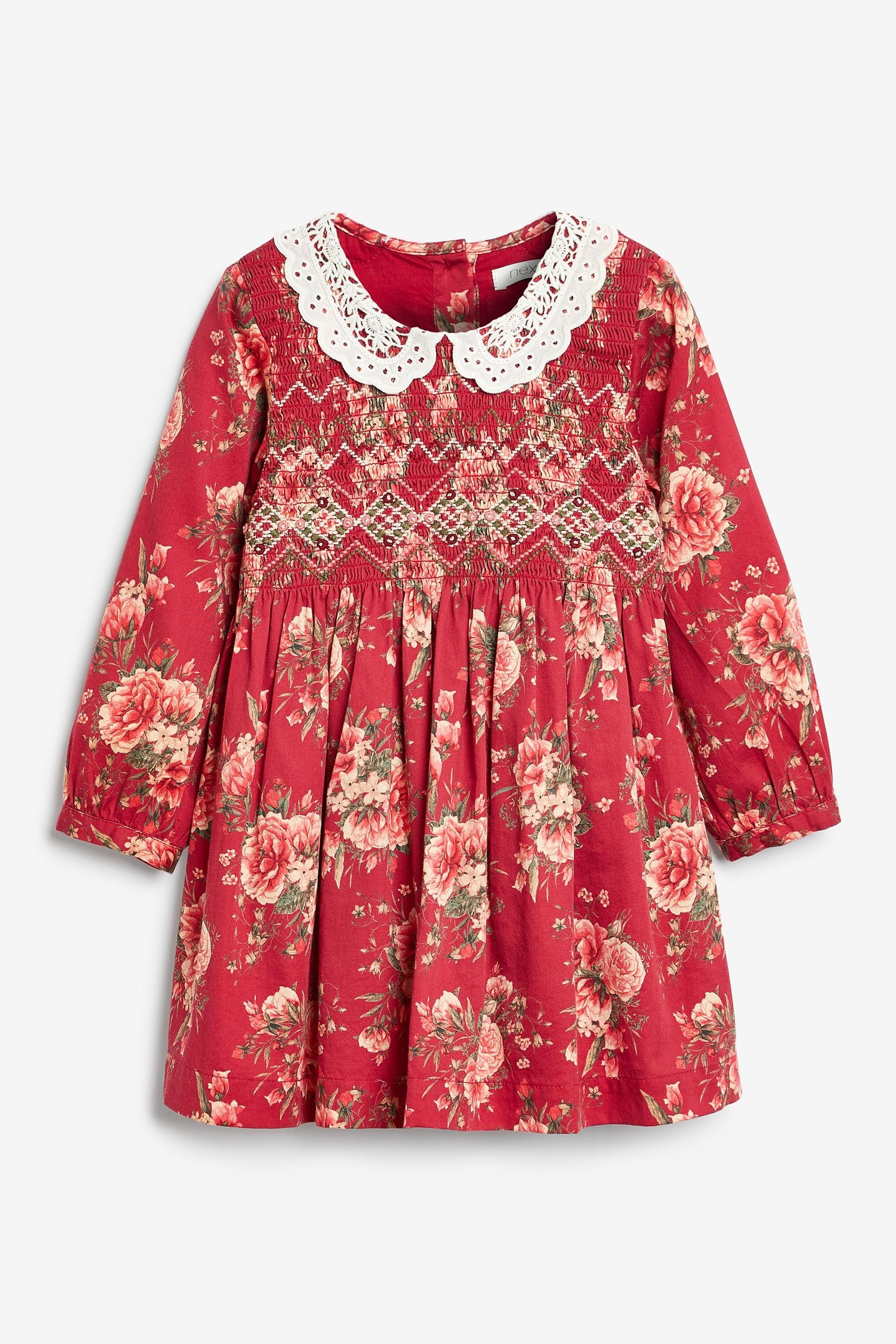 Next Druckkleid Bedrucktes, gesmoktes Kleid mit Kragen (1-tlg) Red Floral