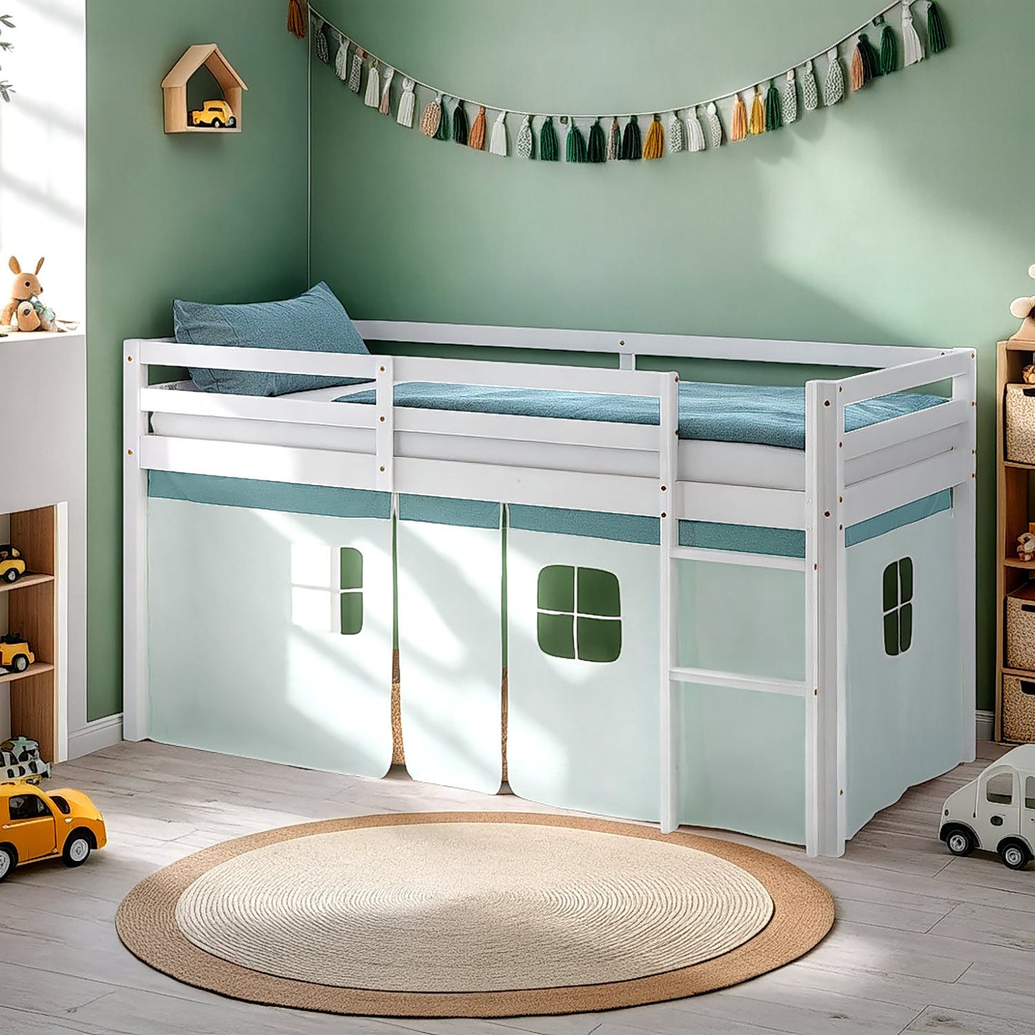 Homestyle4u Hochbett 90x200 Stockbett Vorhang Kinderbett Holz Kiefer Weiß Grün Mint Kinder mit Rausfallschutz, Junge