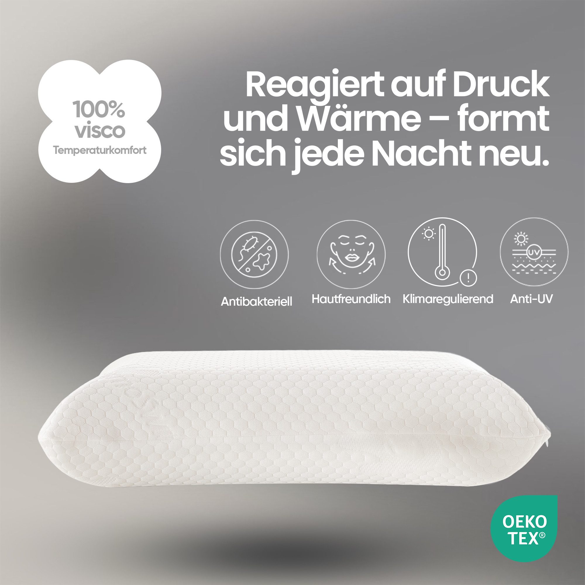 VelaniqueHome Nackenstützkissen Thermo Switch Visco Kissen Orthopädisch Ergonomisch, Füllung: Viscoschaum, Seitenschläfer, Rückenschläfer, Einzelartikel, 1, ergonomisch, orthopädisch, formstabil, atmungsaktiv, waschbarer Bezug