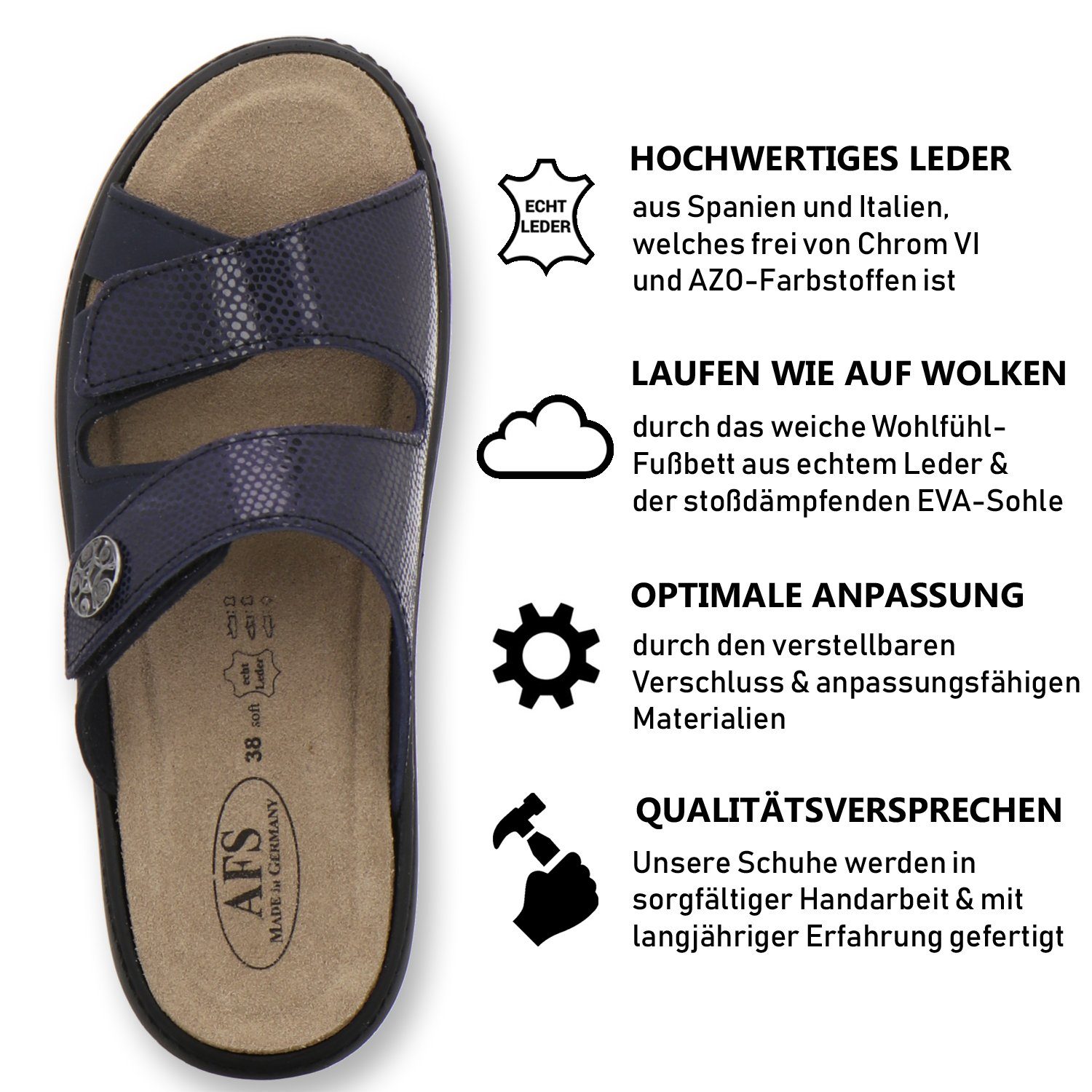 aus Damen mit Leder Wechselfußbett, AFS-Schuhe in 2808 Germany Made Pantolette für navy/reptil