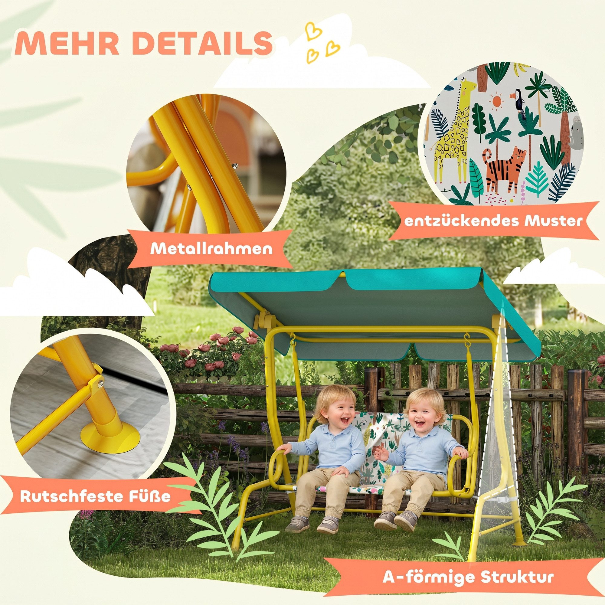 AIYAPLAY Hollywoodschaukel Kinderschaukel Gartenschaukel, Sicherheitsgurt, bis 60 kg, 2-Sitzer, Schaukelfunktion, Gartenschaukel, 1 tlg., 2-Sitzer Kinderschauke – Bild 4 von 5
