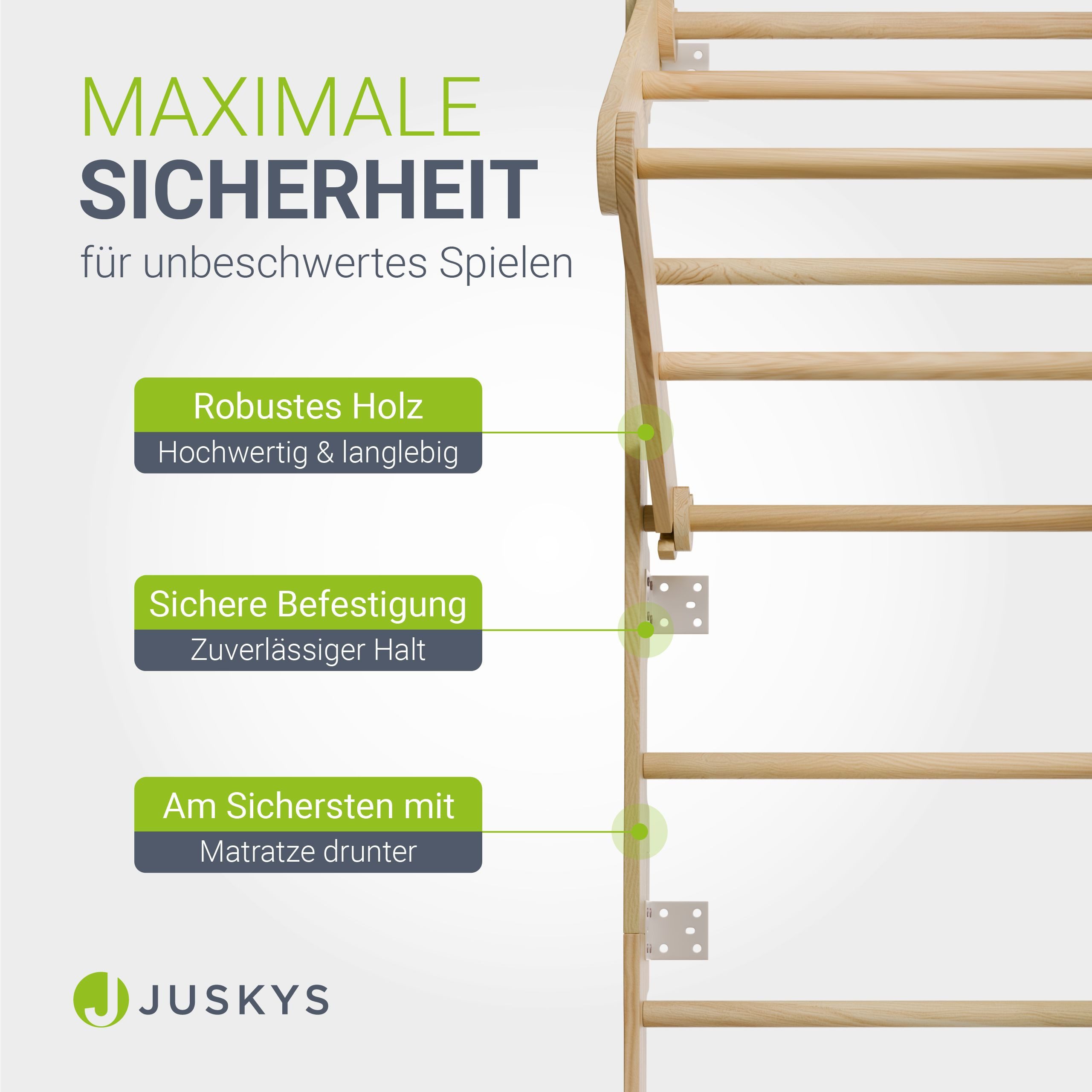Juskys Sprossenwand, für Kinder, Kletterwand mit Strickseil, Turnringen und Klimmzugstange