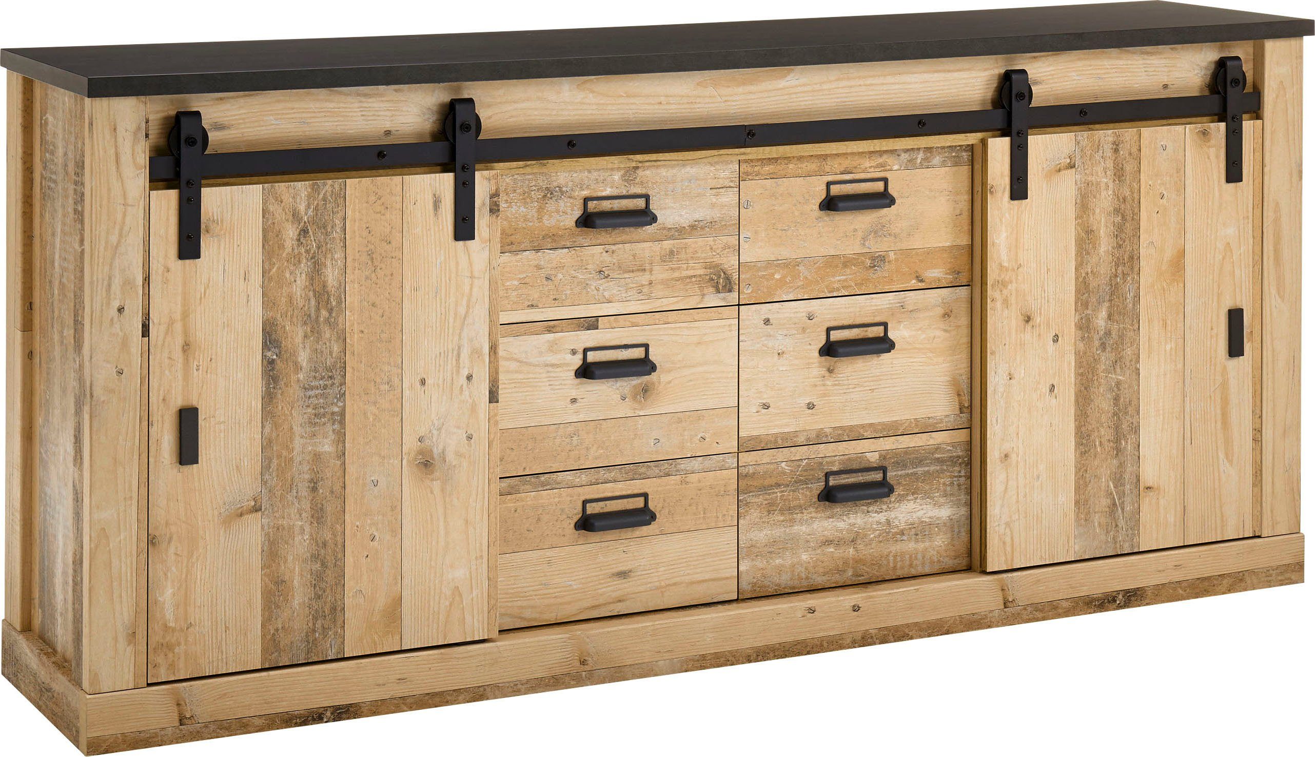 Home affaire Sideboard Sherwood, Kommode im Industrial-Style, Schrank, Stauraumelement, mit Scheunentorbeschlag & Apothekergriffen, in 2 Farben erhältlich