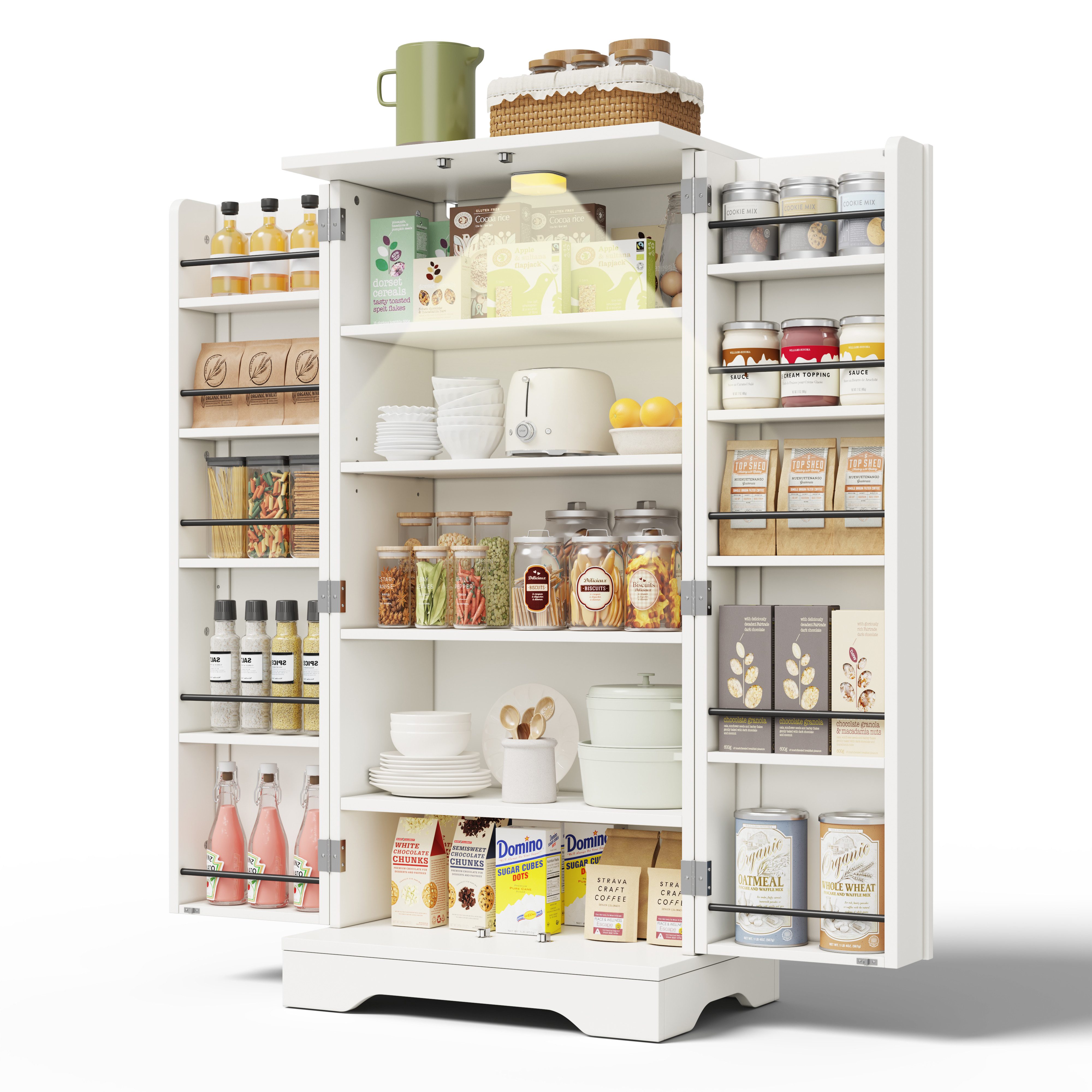 Yorbay Mehrzweckschrank Küchenschrank mit LED-Beleuchtung & verstellbaren Regalen (120×60×40 cm) Speiseschrank Wohnzimmerschrank mit Türfächern