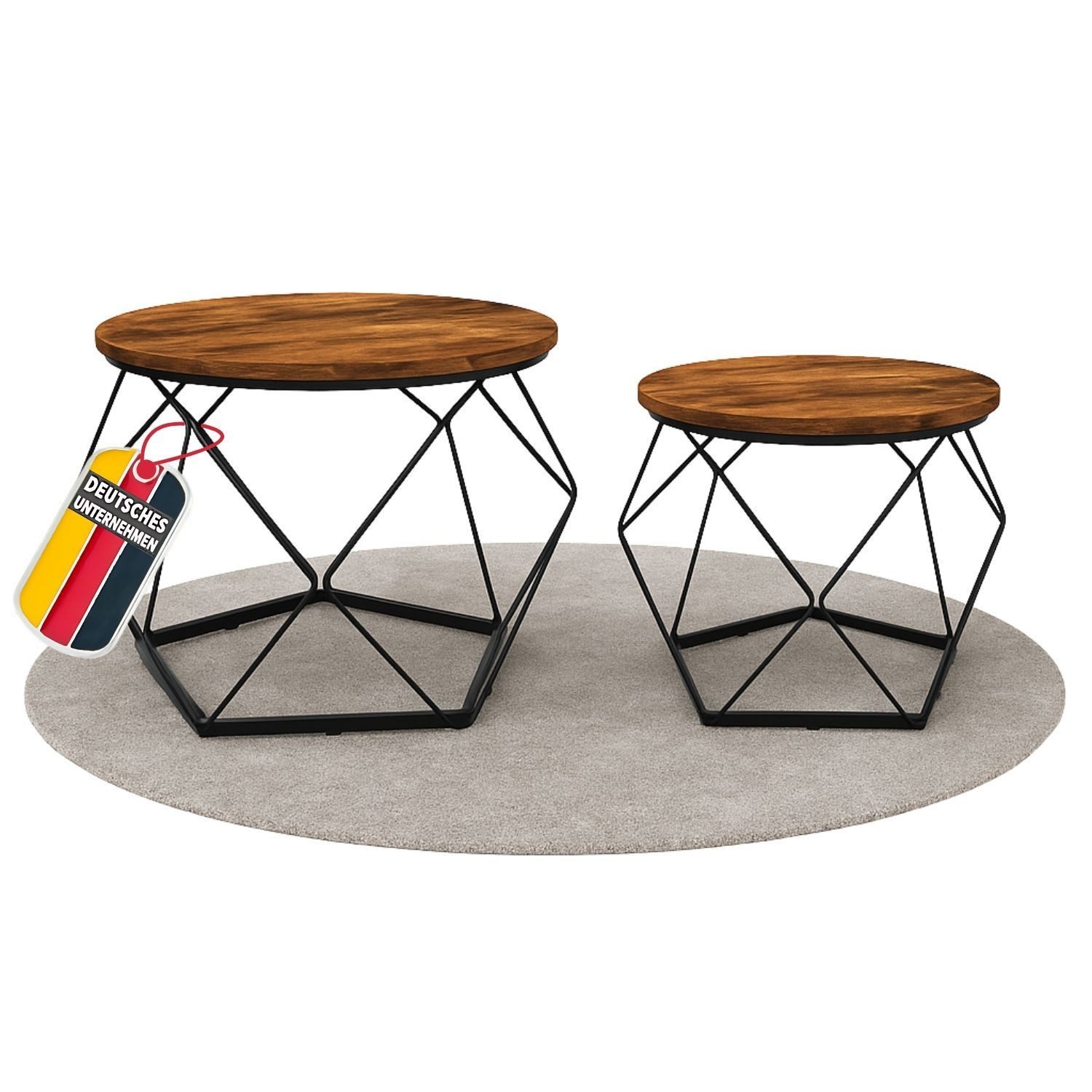 Coemo Wohnzimmertisch DUETT, Beistelltisch BRAUN Couchtisch Metall Holzplatten Ø 50 & Ø 40 cm