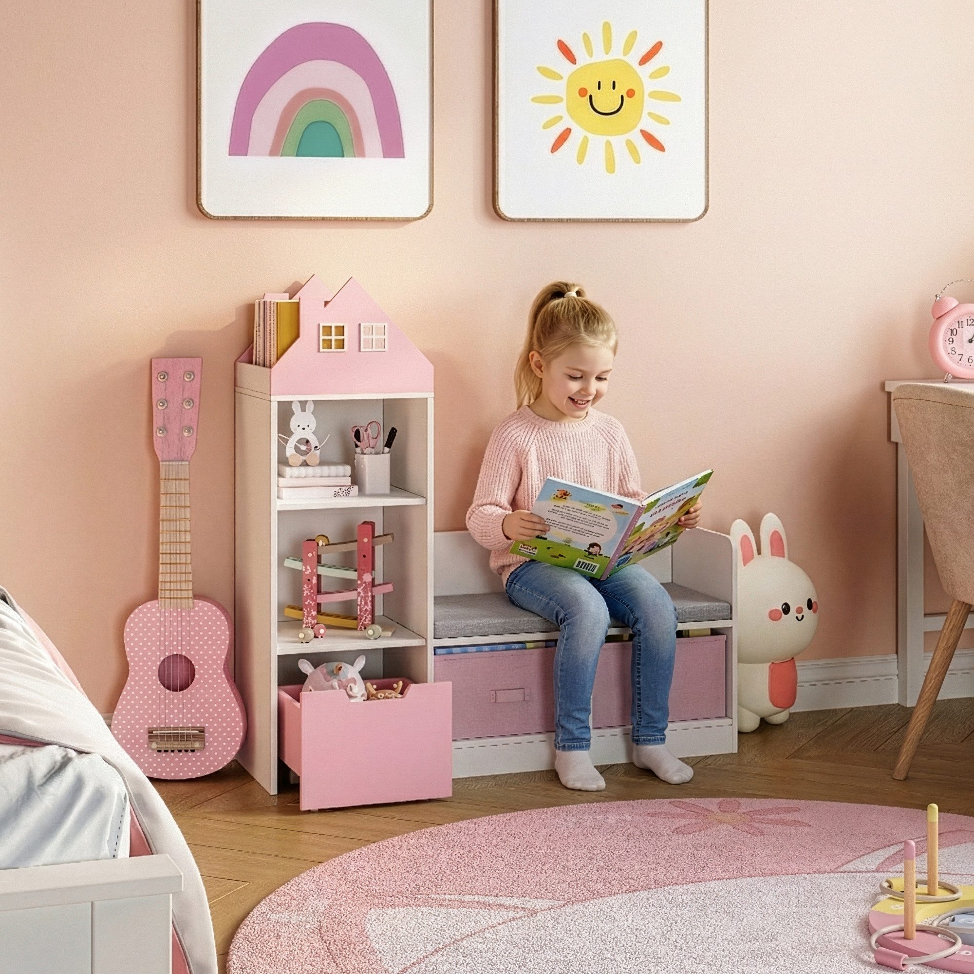 en.casa Sitzbank, mit Regal für Kinder »Vipsali« mit 2 Faltboxen 100x99x30 cm Rosa/Weiß
