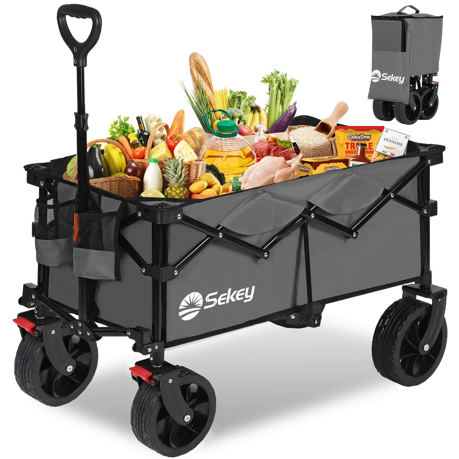 Sekey Bollerwagen 150 KG Bollerwagen Faltbar Handwagen mit Bremsen und breiten Reifen, Patentiertes, 4-fach zusammenklappbares Design, Kein Zusammenbau nötig