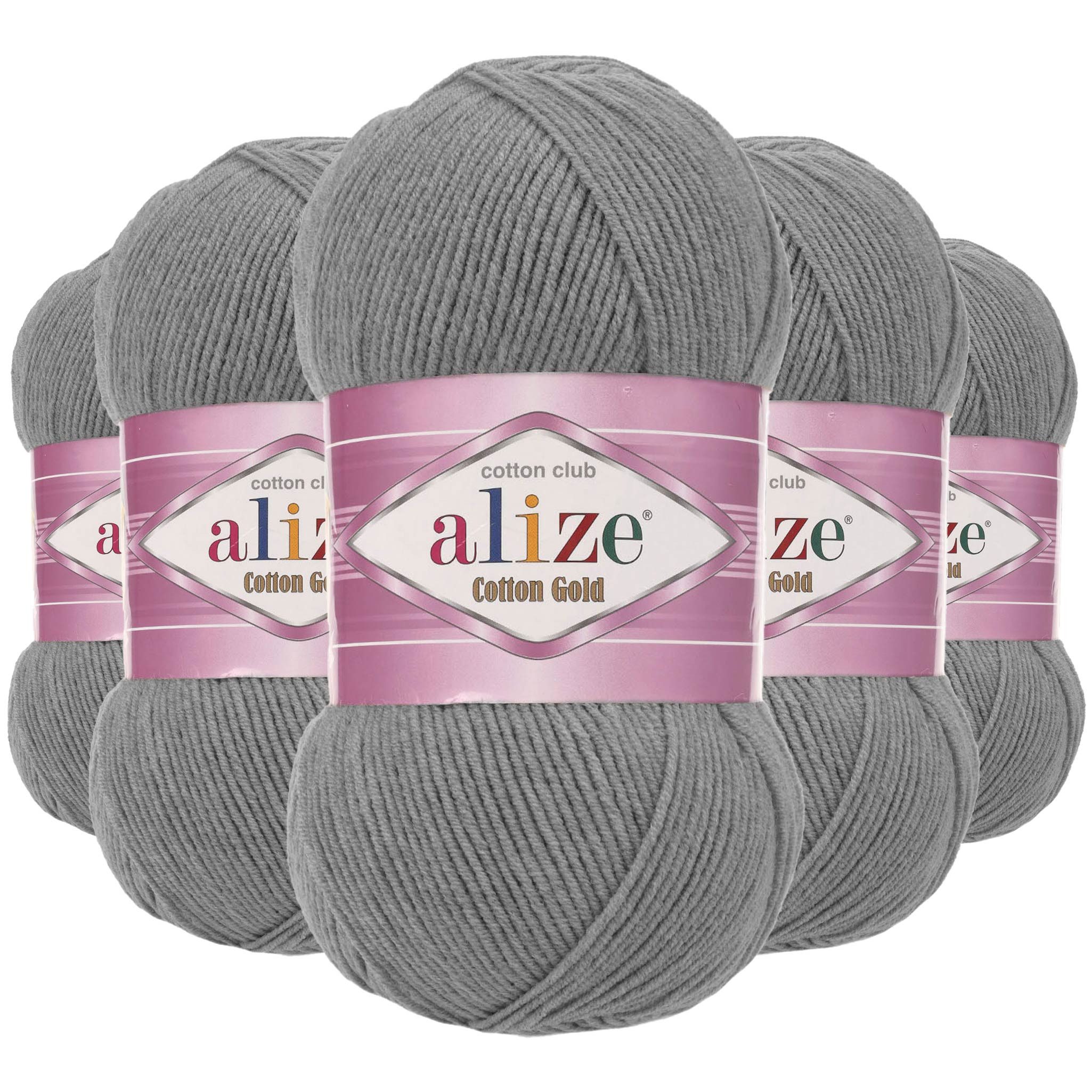 Alize 5 x 100g Strickgarn Alize Cotton Gold Uni Klassikgarn Häkelgarn Häkelwolle, 1650 m, 828 grau