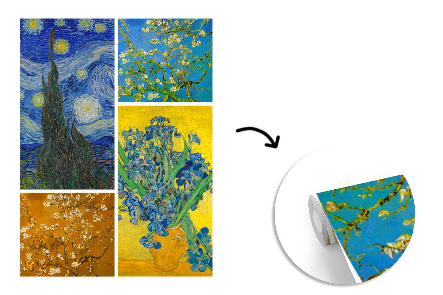 MuchoWow Fototapete Gogh für Tapete Montagefertig St), (4 Van - Vinyl Matt, - Wandtapete bedruckt, Collage Sternennacht, Wohnzimmer