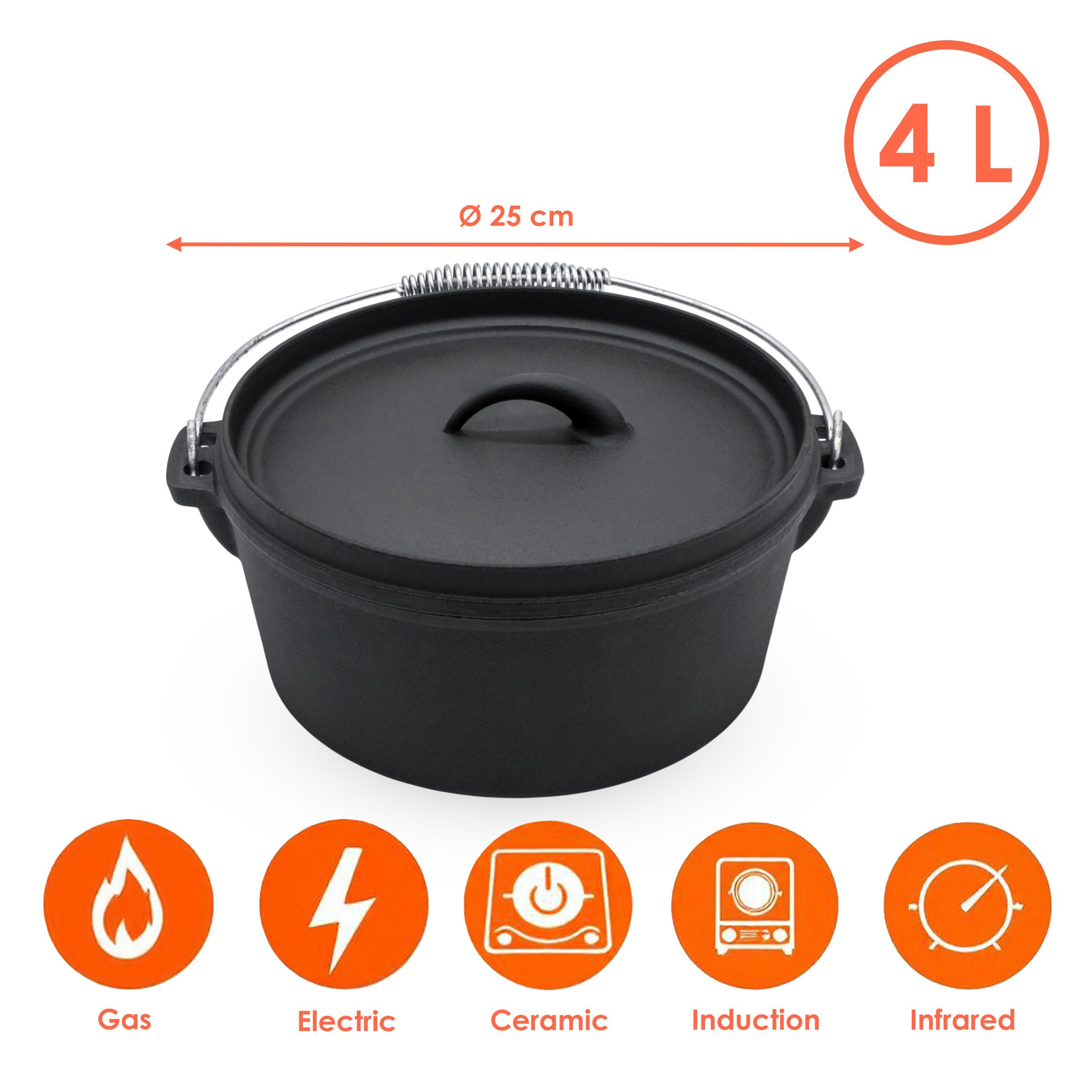 Spetebo Servierpfanne Gusseisen Feuertopf mit Tragegriff - 25 cm, Gusseisen (2-teilig, 2-tlg), Dutch Oven zum Braten Grillen Schmoren