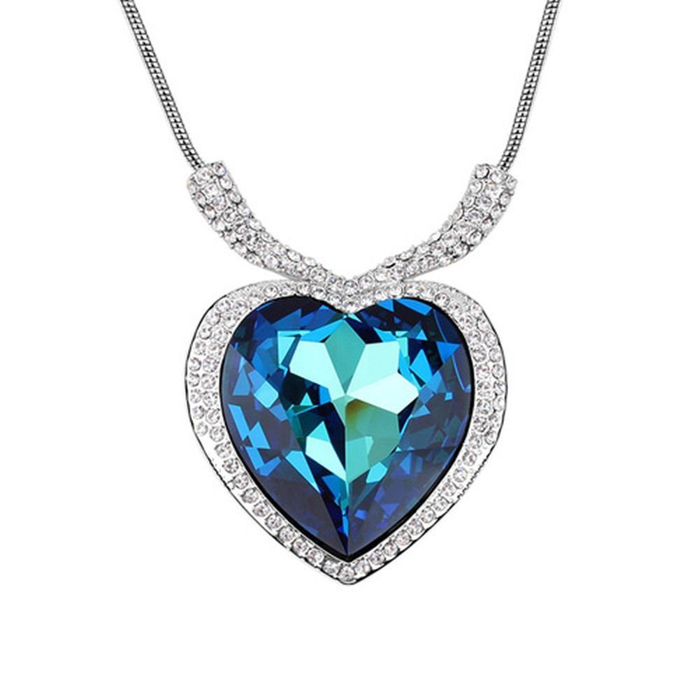 BUNGSA Kette mit Anhänger Kette Blue Heart Silber Messing für Damen (1-tlg., inkl. Schmuckbeutel aus Organza), Halskette Necklace
