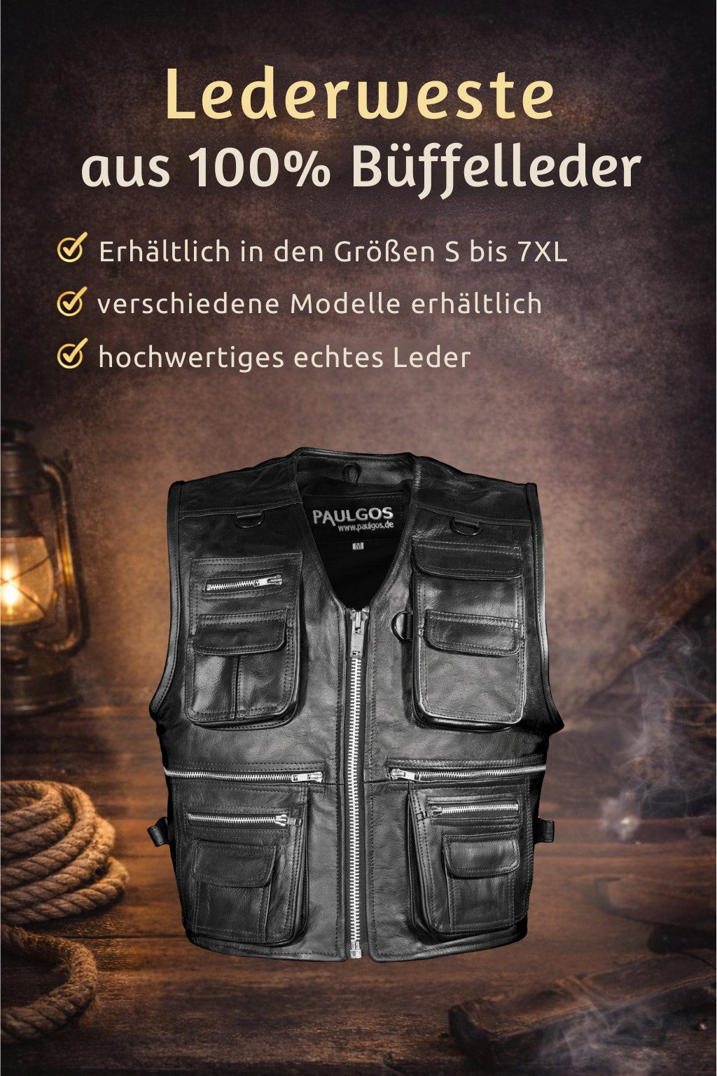 PAULGOS Motorradweste Lederweste Biker Kutte Clubweste Chopper Weste 100% Echtleder - BW11 – Bild 5 von 5