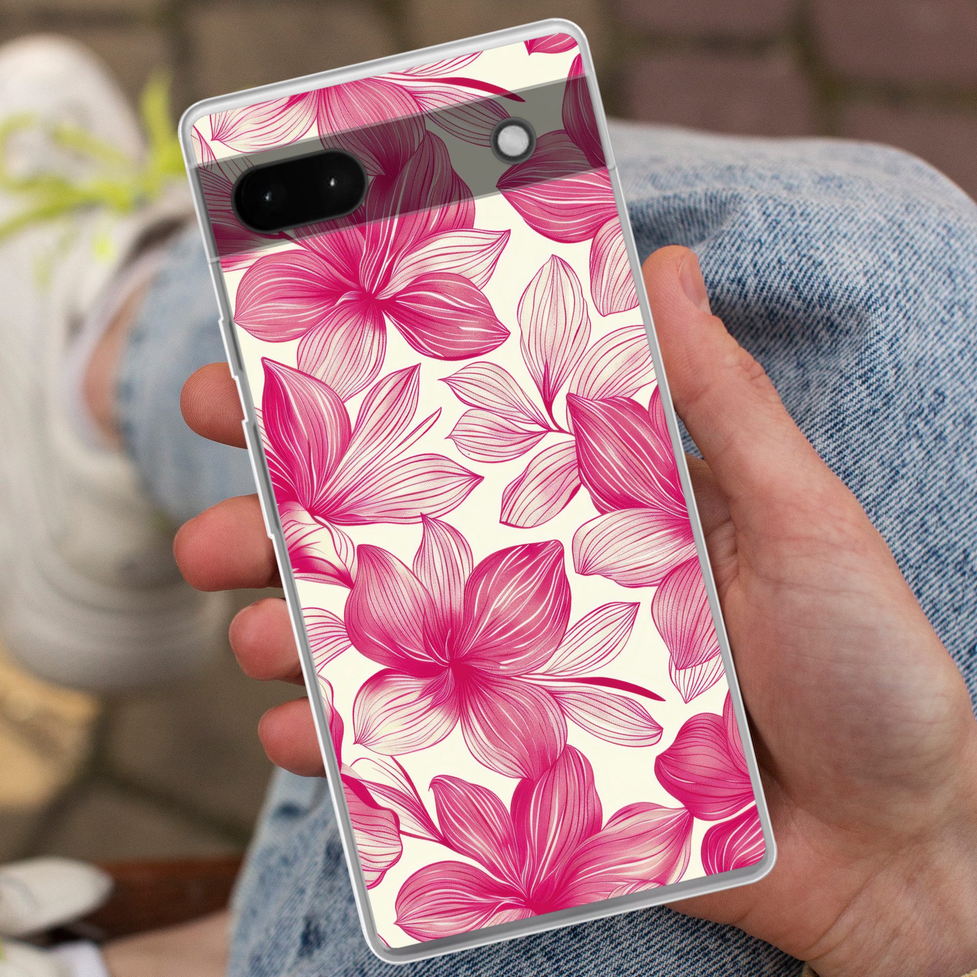 MuchoWow Handyhülle für Google Pixel 6a Blumen - Muster - Rosa - Weiß, Phone Case, Silikon, Schutzhülle Dünn