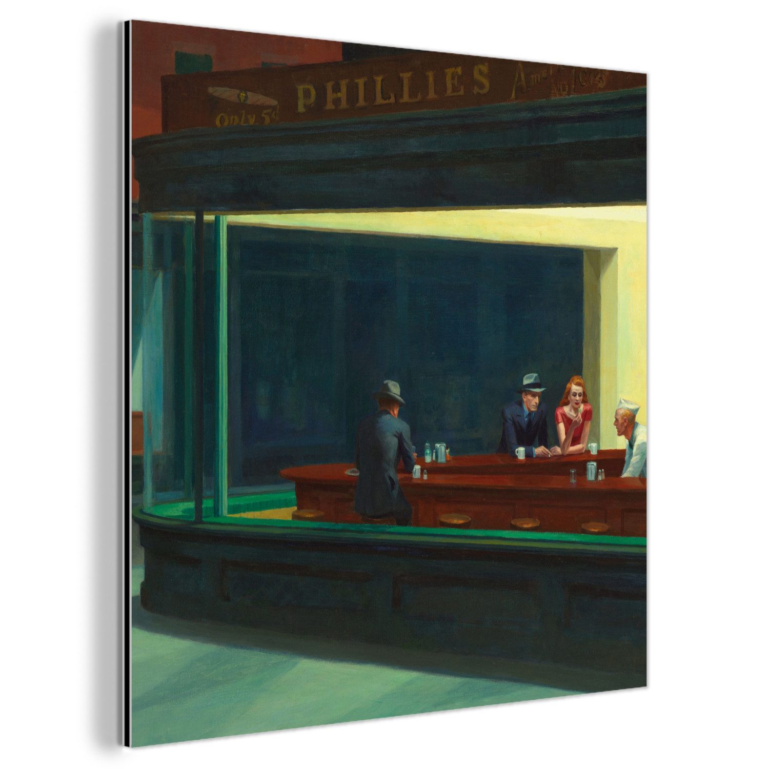 MuchoWow Metallbild Nighthawks - Edward Hopper, Inkl. Aufhängung, Alu-Dibond-Druck, Wandbild aus Metall, Aluminium deko, 20x20 cm