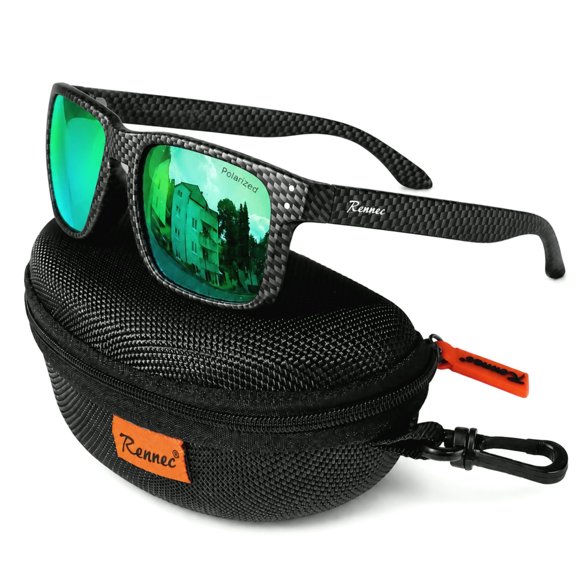 Rennec Sonnenbrille Herren Polarisiert Rechteckig Carbon Optik mit Hardcase Gläser UV400 Getönt oder Verspiegelt, Edelstahl Bügelgelenke 3in2