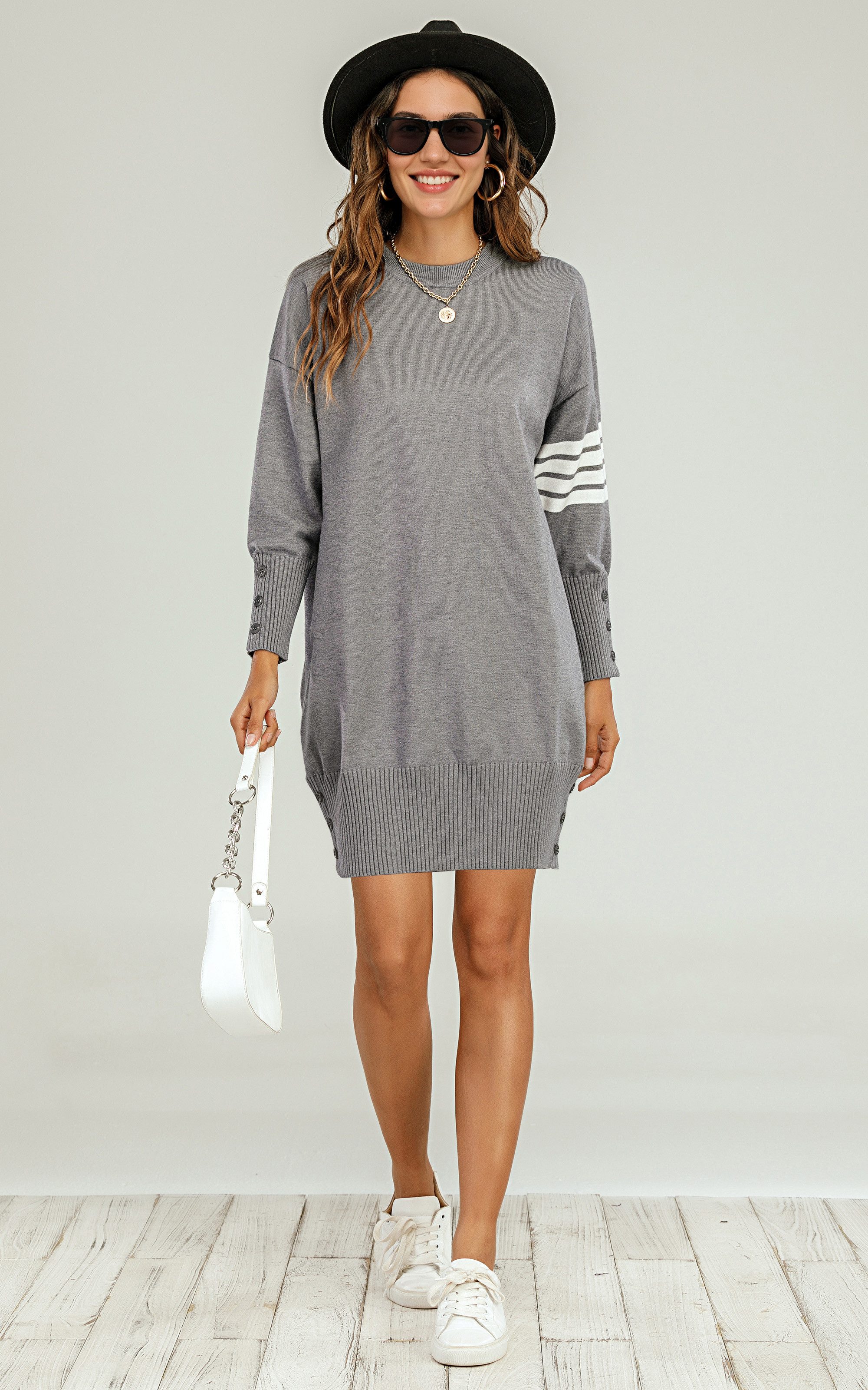 FS Collection Strickkleid Damen Gestricktes Tunika Pulloverkleid Strickkleider Longpullover (Einheitsgröße: UK 8–16 / EU 36–44, 5 Farben : Grau, Schwarz, Navy, Dunkelgrün und Olivgrün) 56 % Viskose, 26 % Polyester und 18 % Wolle