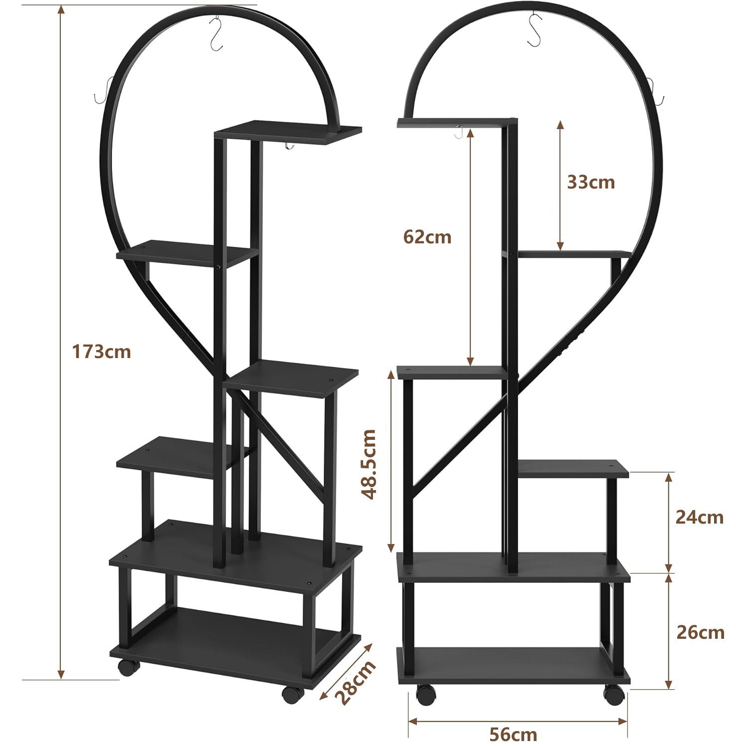 GarveeMore Pflanzentreppe 6 Etagen (2Stück) mit Rädern und 6Haken,Half Heart Shape Blumenständer, Höhenverstellbarer Pflanzenständer für Garten,Wohnzimmer,Terrasse