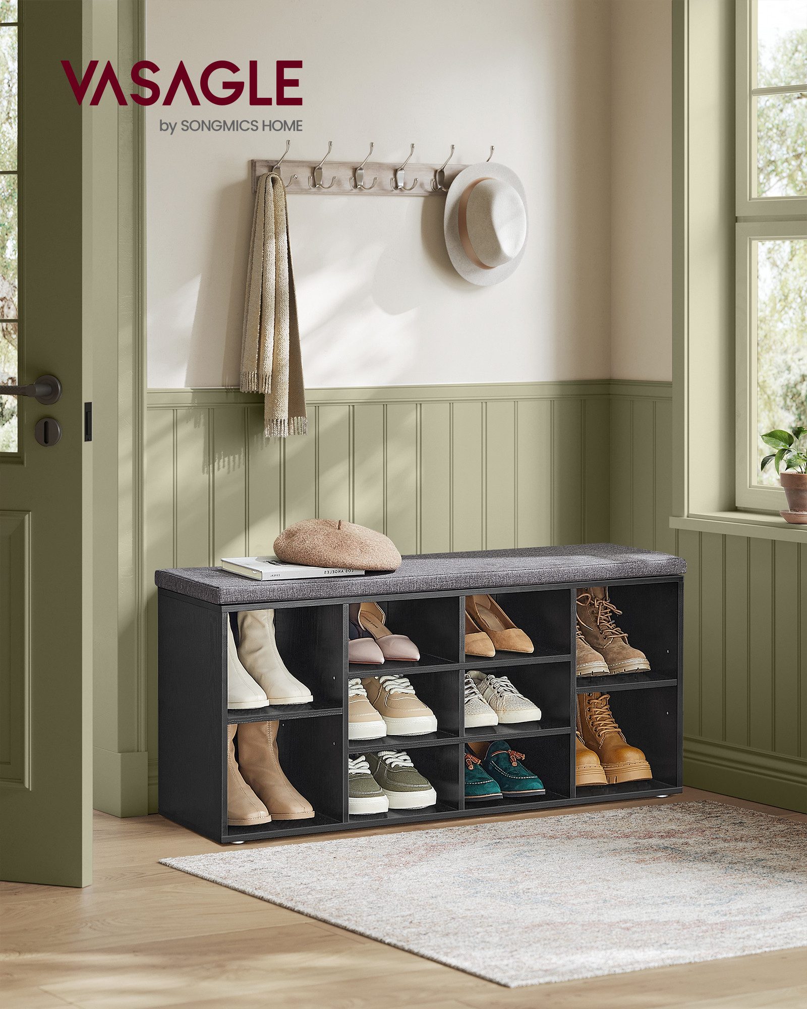 VASAGLE Schuhbank Schuhregal mit Sitzfläche, Sitzbank mit Stauraum, für Schlafzimmer, Flurbank mit 10 Fächern, verstellbaren Ablagen, 30 x 104 x 48 cm