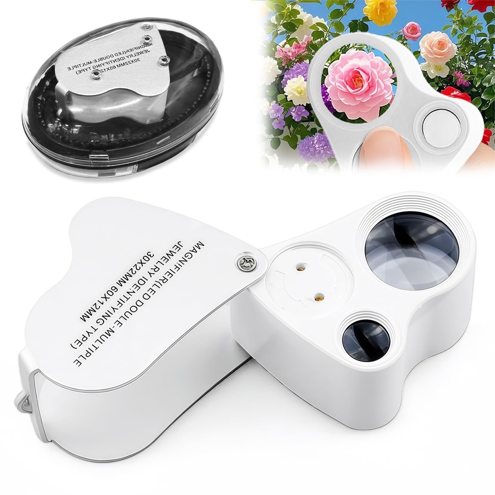 nsihing Lupenbrille Juwelier Lupe, 30X and 60X Vergrößerung, Metall Faltlupe mit LED, für Diamanten, Edelsteine, Schmuck, Briefmarken, Münzen