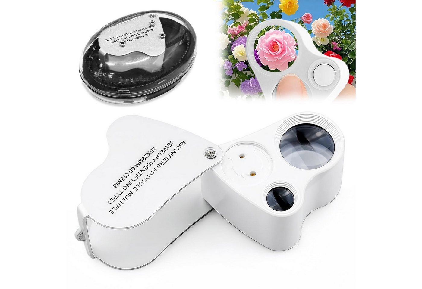 nsihing Lupenbrille Juwelier Lupe, 30X and 60X Vergrößerung, Metall Faltlupe mit LED, für Diamanten, Edelsteine, Schmuck, Briefmarken, Münzen