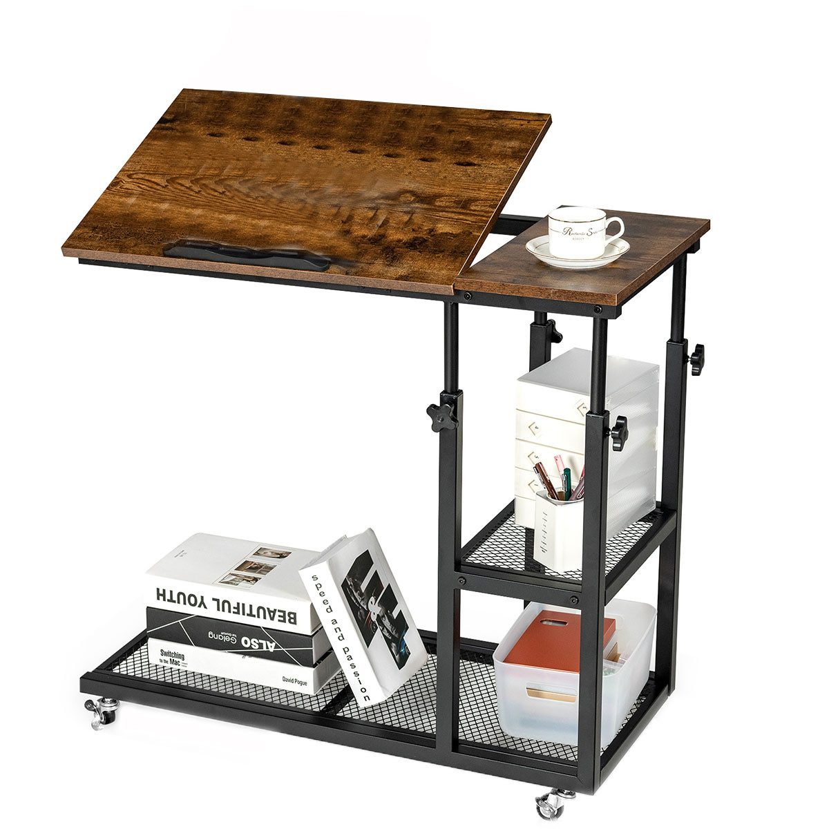 COSTWAY Laptoptisch, Bett, mit Rollen&Ablage, höhenverstellbar, neigbar