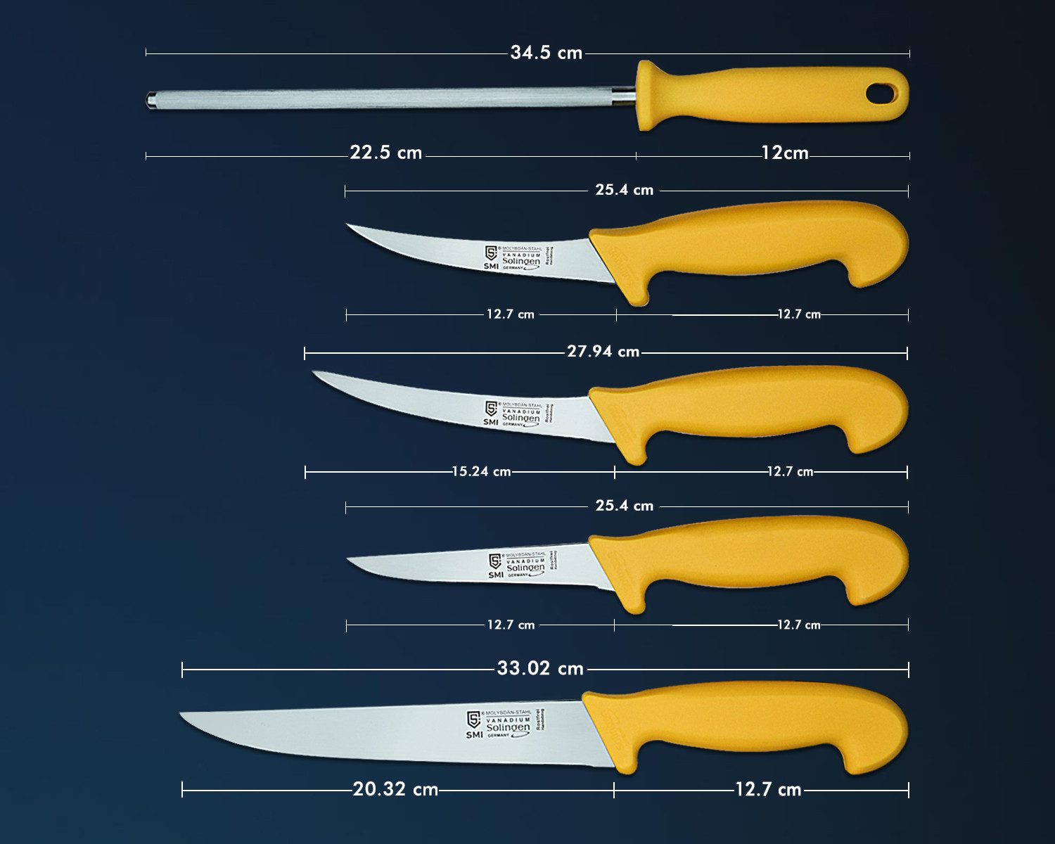 SMI Universalküchenmesser Metzgermesserset Solingen Fleischermesser Ausbeinmesser Wetzstahl, 5 tlg – Bild 2 von 5