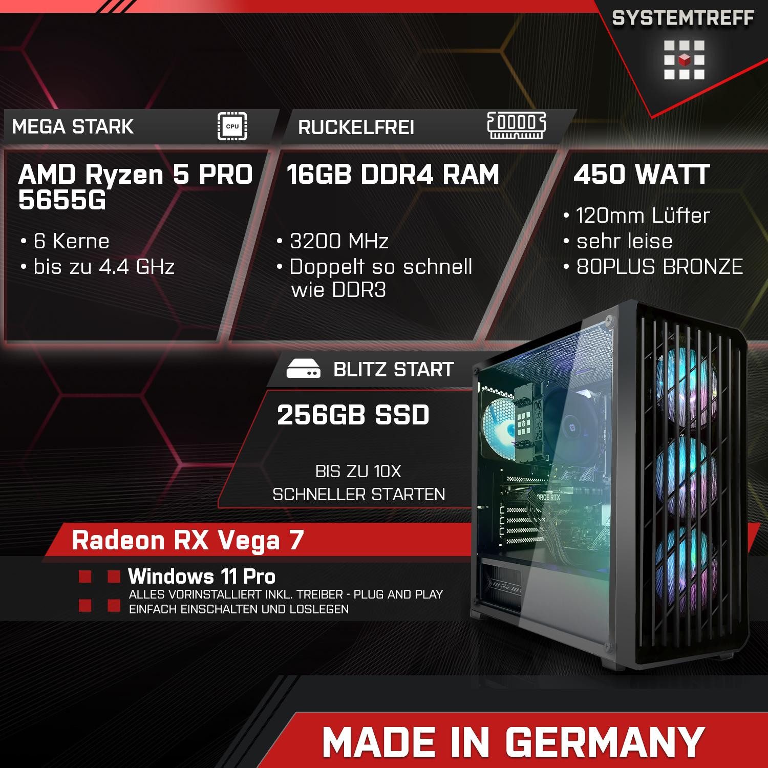 SYSTEMTREFF Basic Gaming-PC-Komplettsystem (27", AMD 5655G 5655G, RX Vega 7, 16 GB RAM)