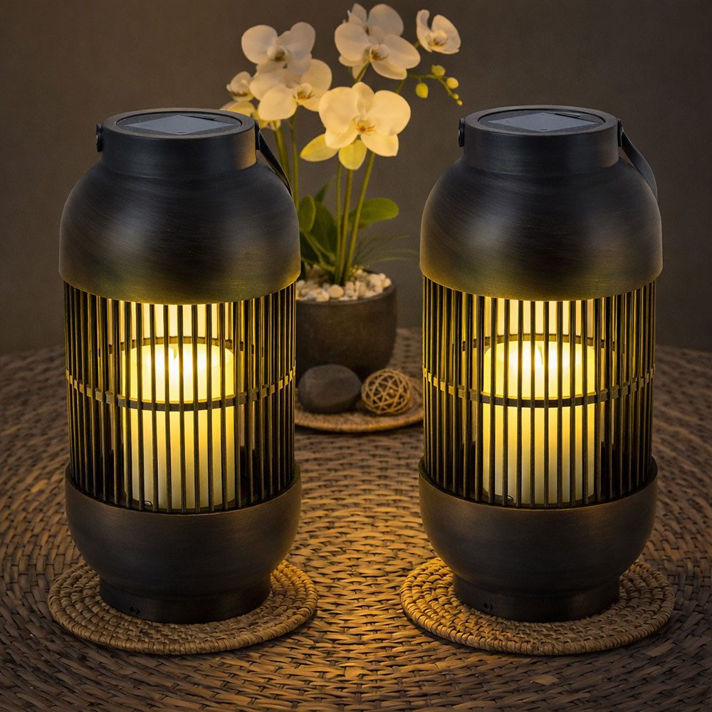 Expo Börse LED Außen-Tischleuchte, LED-Leuchtmittel fest verbaut, Warmweiß, LED Solarleuchte Tischlampe Laterne Kerze warmweiß H 33 cm 2er Set