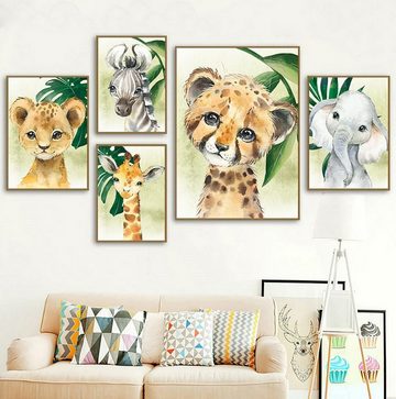 TPFLiving Kunstdruck (OHNE RAHMEN) Poster - Leinwand - Wandbild, Tiere im Dschungel, Tiger, Zebra, Elefant, Giraffe - (Kinderzimmer, Mädchenzimmer, Babyzimmer, Jungenzimmer, Kindergarten), Farben: Pastel, beige, schwarz, orange, weiß - Größe: 10x15cm