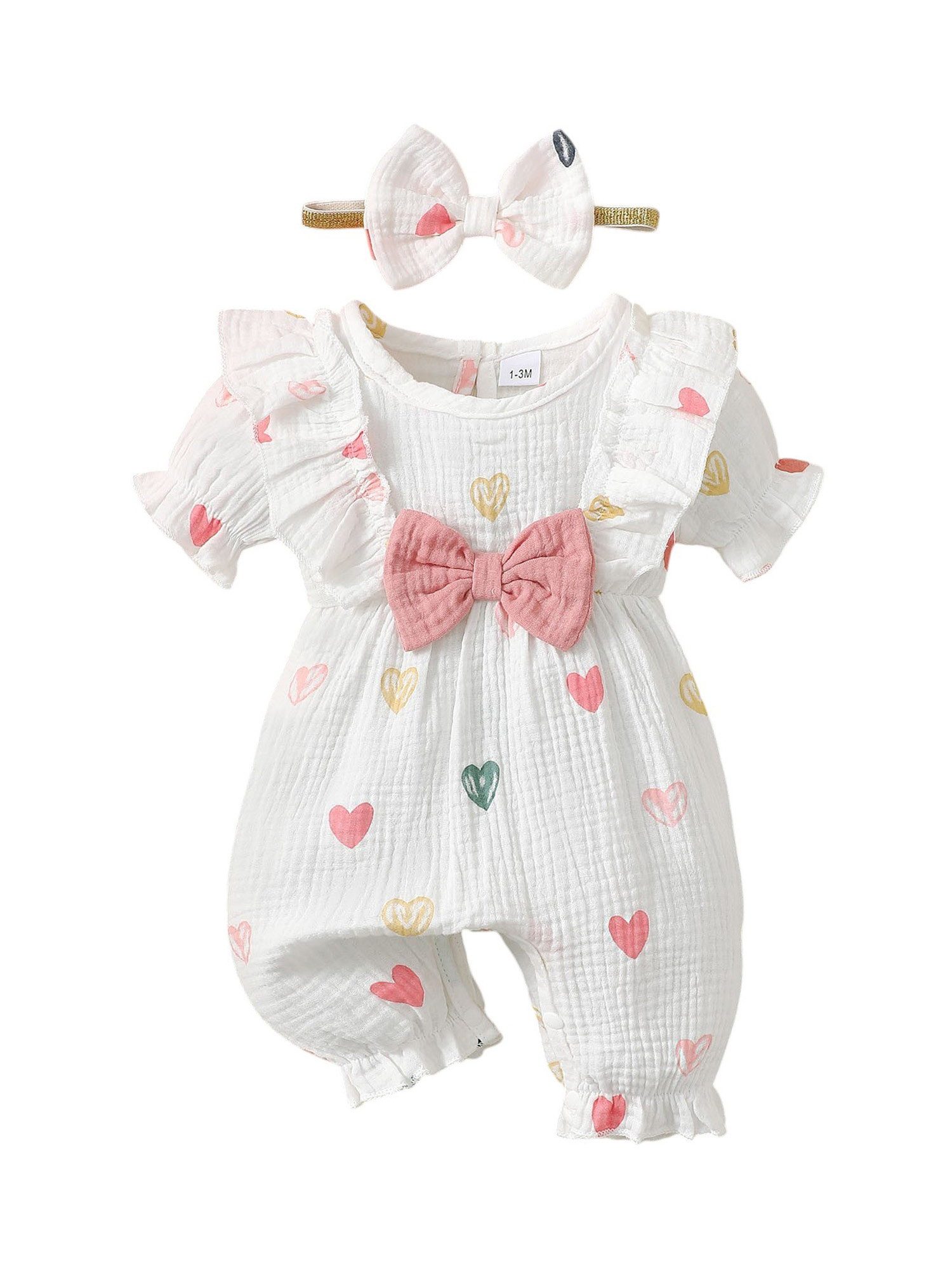 Lapastyle Strampler Süßer weißer Strampler und Stirnband mit Herzmuster für Babymädchen (Set, 2-tlg) Sommer Babykleidung aus Baumwolle, mit Rüschen und Rosa Schleife