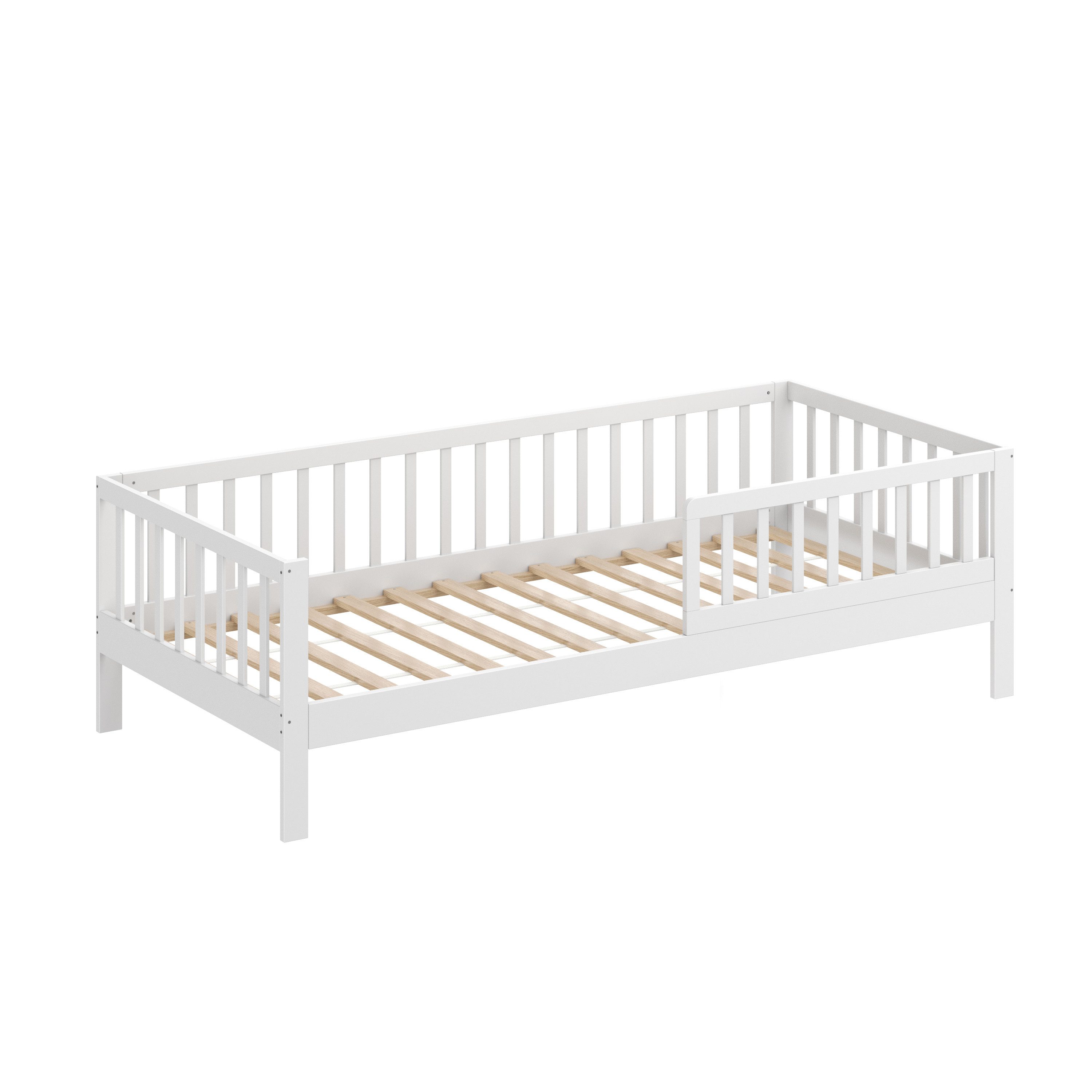 CADANI Kinderbett Nik - abnehmbarer Rausfallschutz - bis 200 kg belastbar (Jugendbett · bis 200 kg belastbar · inkl. Roll-Lattenrost), · Kiefer Massivholz · Farbe: Weiß