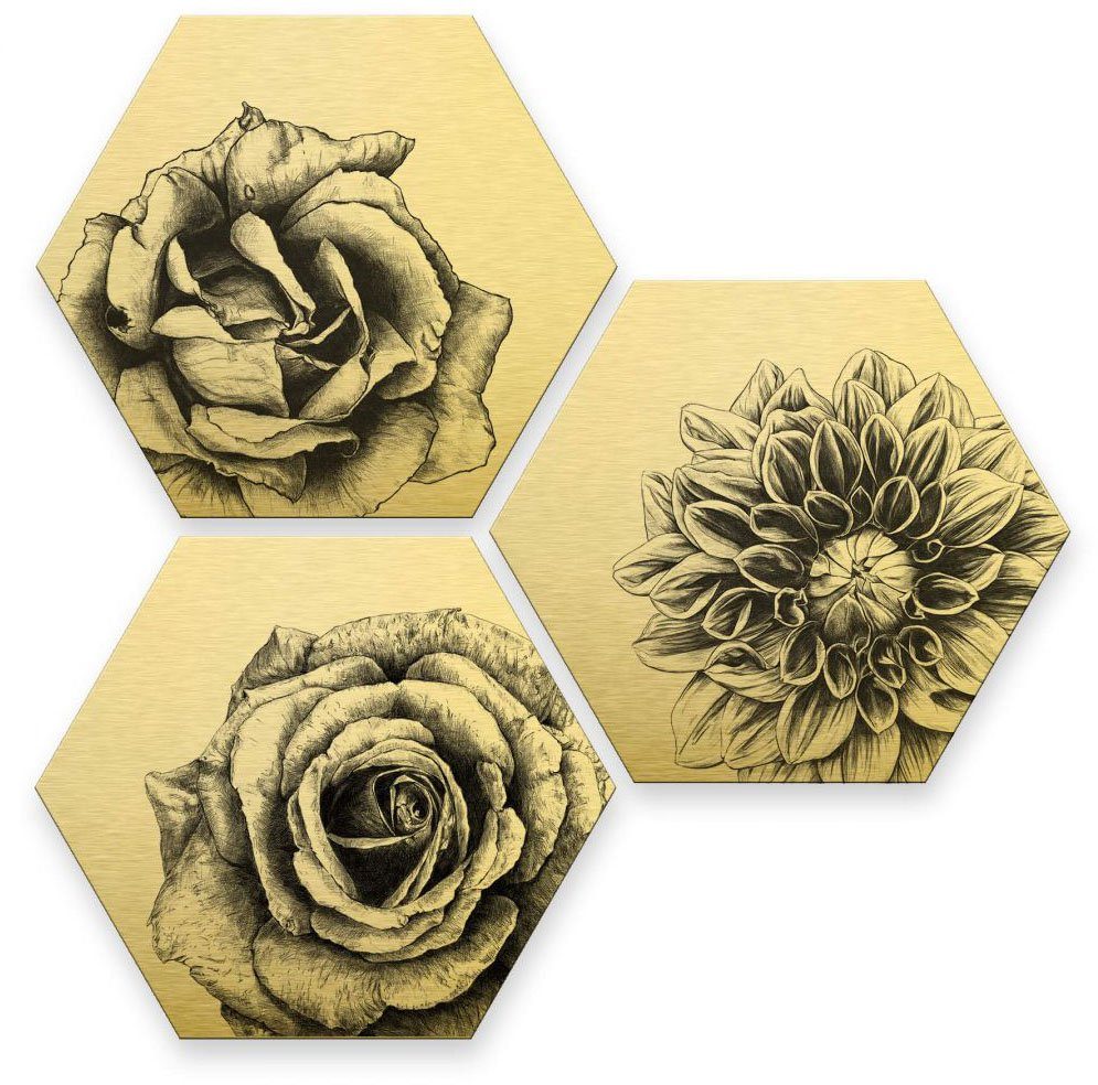 Florales Goldeffekt, St) Wall-Art Bilder Blumen 3 (Set, Mehrteilige Set
