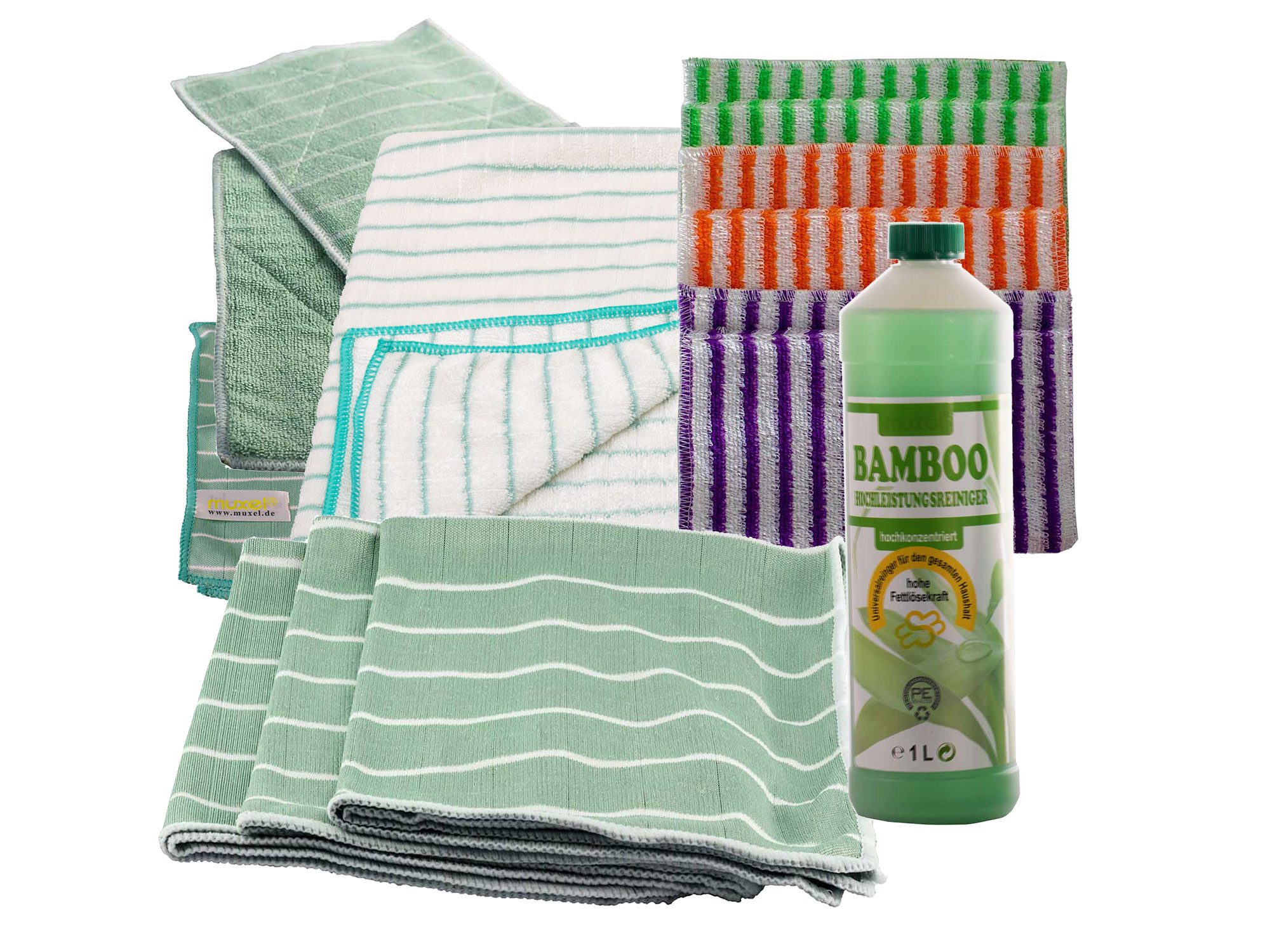 Muxel Bambus-Tuch-Mega-Set mit Hochleistungs Bambusreiniger Reiniger 1 Liter Reinigungstuch