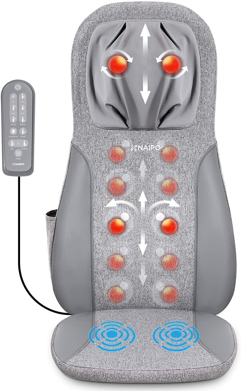 NAIPO Shiatsu-Massagesitzauflage, Rückenmassagegerät, Wärme, Hüftvibration