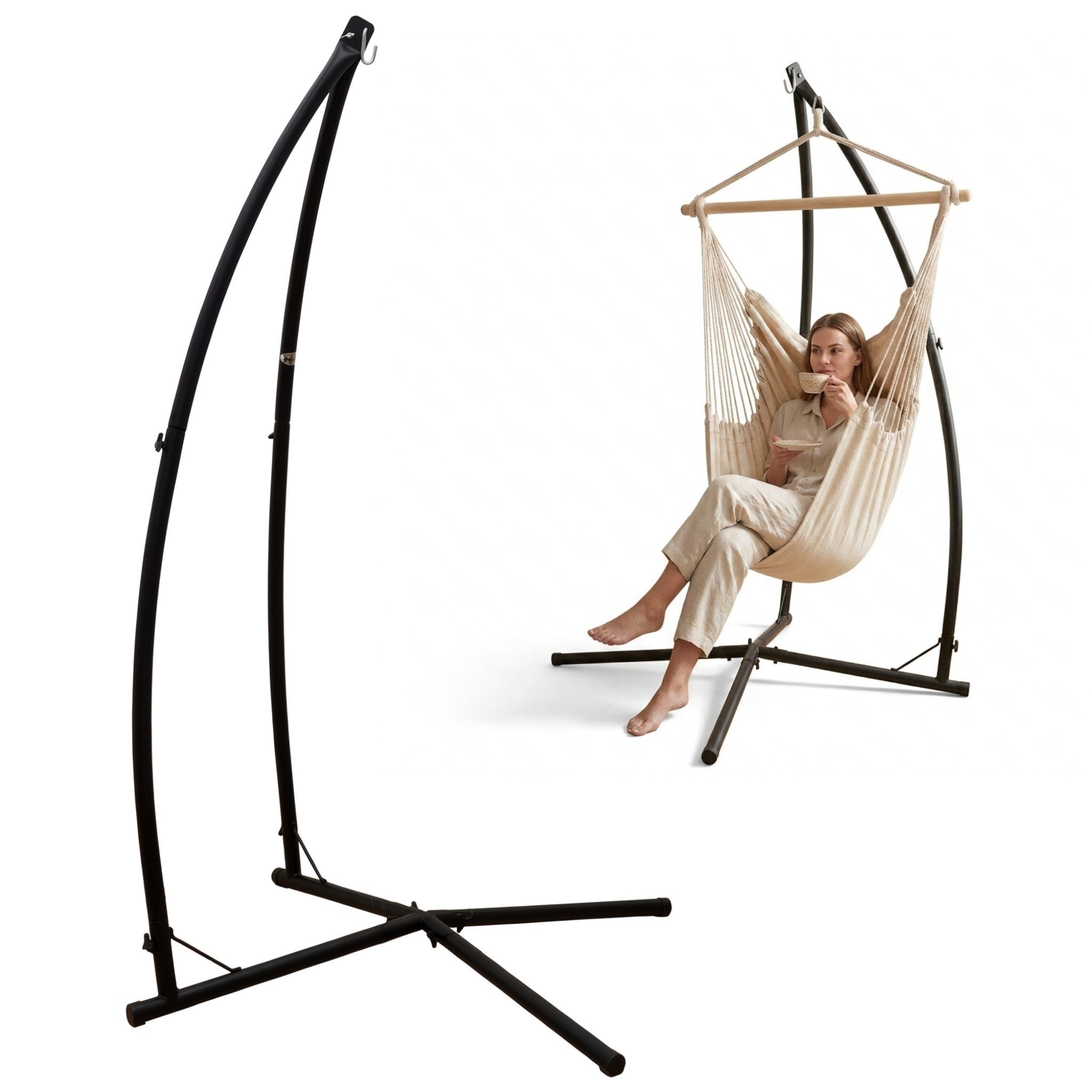 AMANKA Hängestuhl Gestell Freistehend Schwarz - 215 cm Hängesessel Gestell bis 120 kg, Stahl Hängestuhlgestell Wetterfest - XL Ständer für Drinnen & Draußen