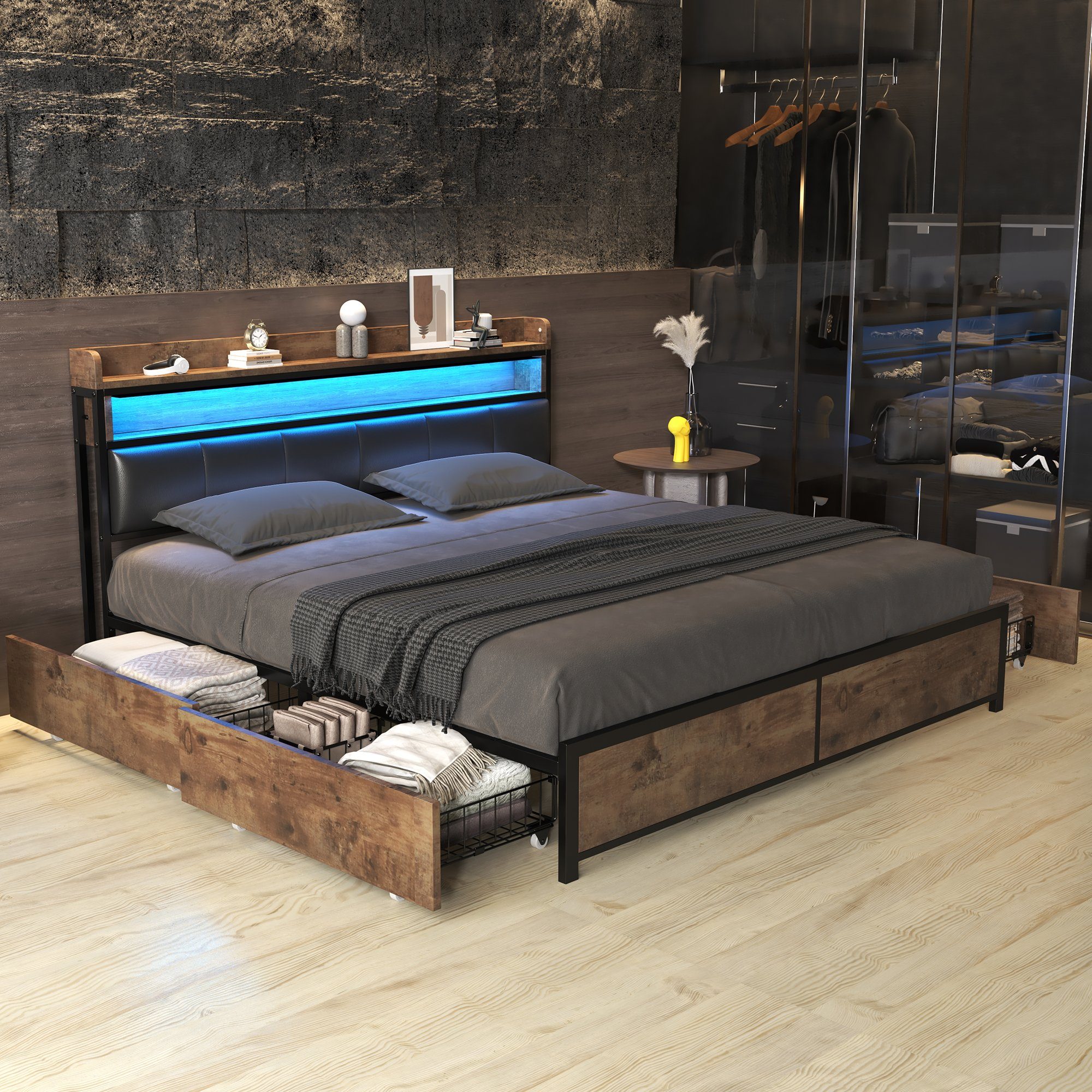 Flieks Holzbett, LED Beleuchtung Doppelbett 4 Schubladen Polsterkopfteil 180x200cm