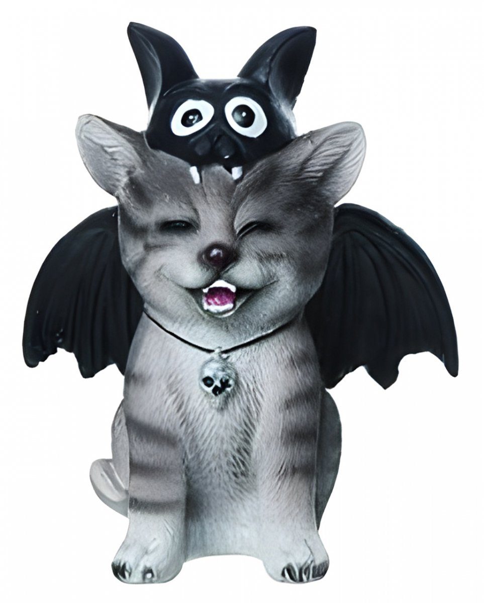 Horror-Shop Dekofigur Grinsende Katze im Halloween Fledermauskostüm als