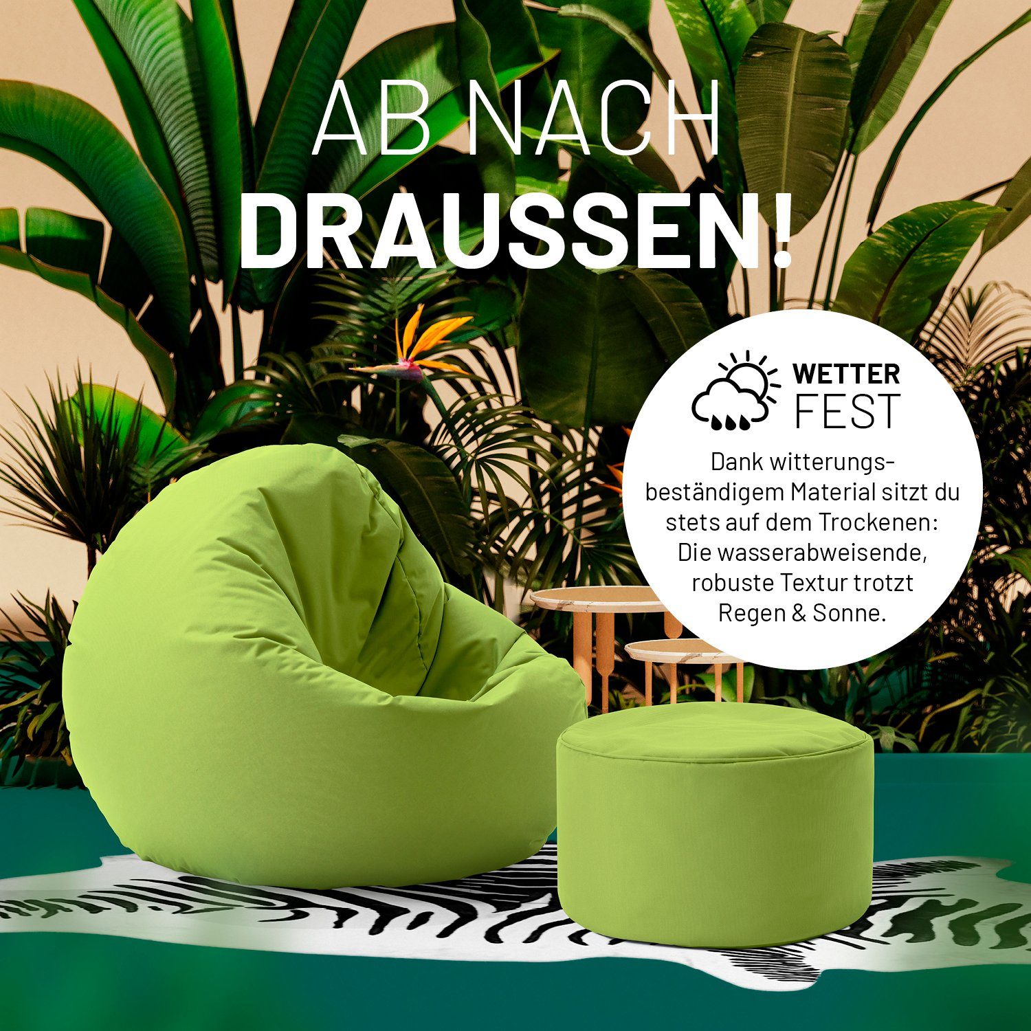grün 50L Hocker, Outdoor, Fußsack Sitzsack kompakt Pouf 25x45cm Tisch, Garantie 5 in- & & Lumaland Jahre